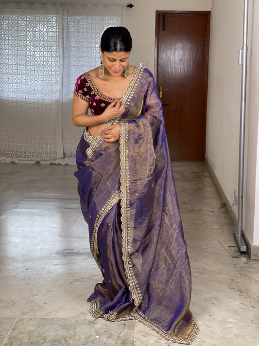 Hand Embroidered Handloom Metallic Linen Saree