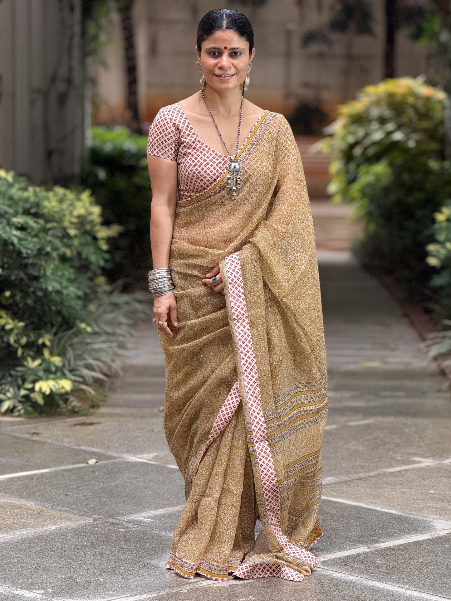 Handmade Natural Dyed Handblock Bagru / Dabu Printed Kota Doria Saree With Dabu Patch Border.