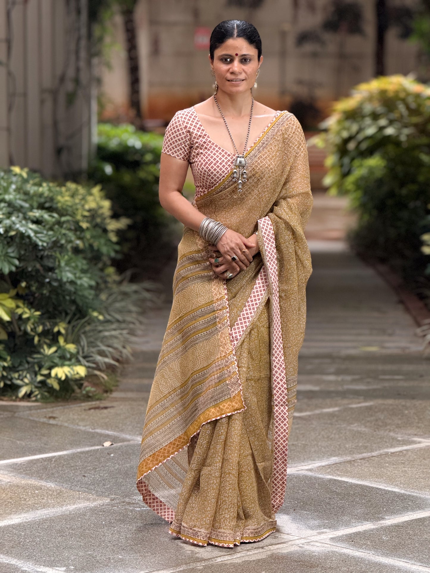 Handmade Natural Dyed Handblock Bagru / Dabu Printed Kota Doria Saree With Dabu Patch Border.