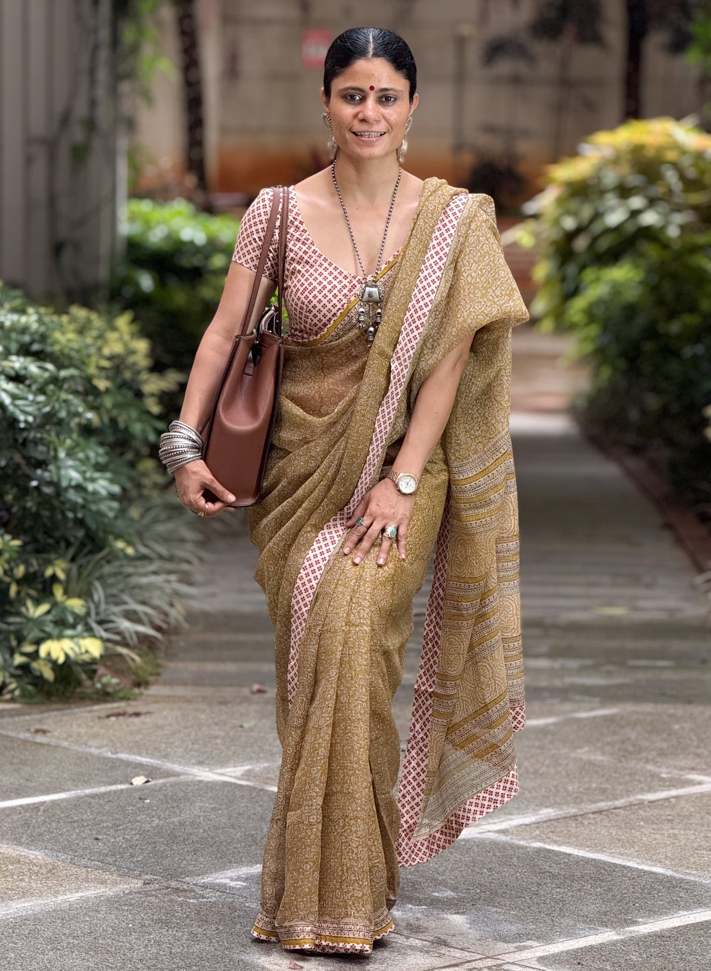 Handmade Natural Dyed Handblock Bagru / Dabu Printed Kota Doria Saree With Dabu Patch Border.