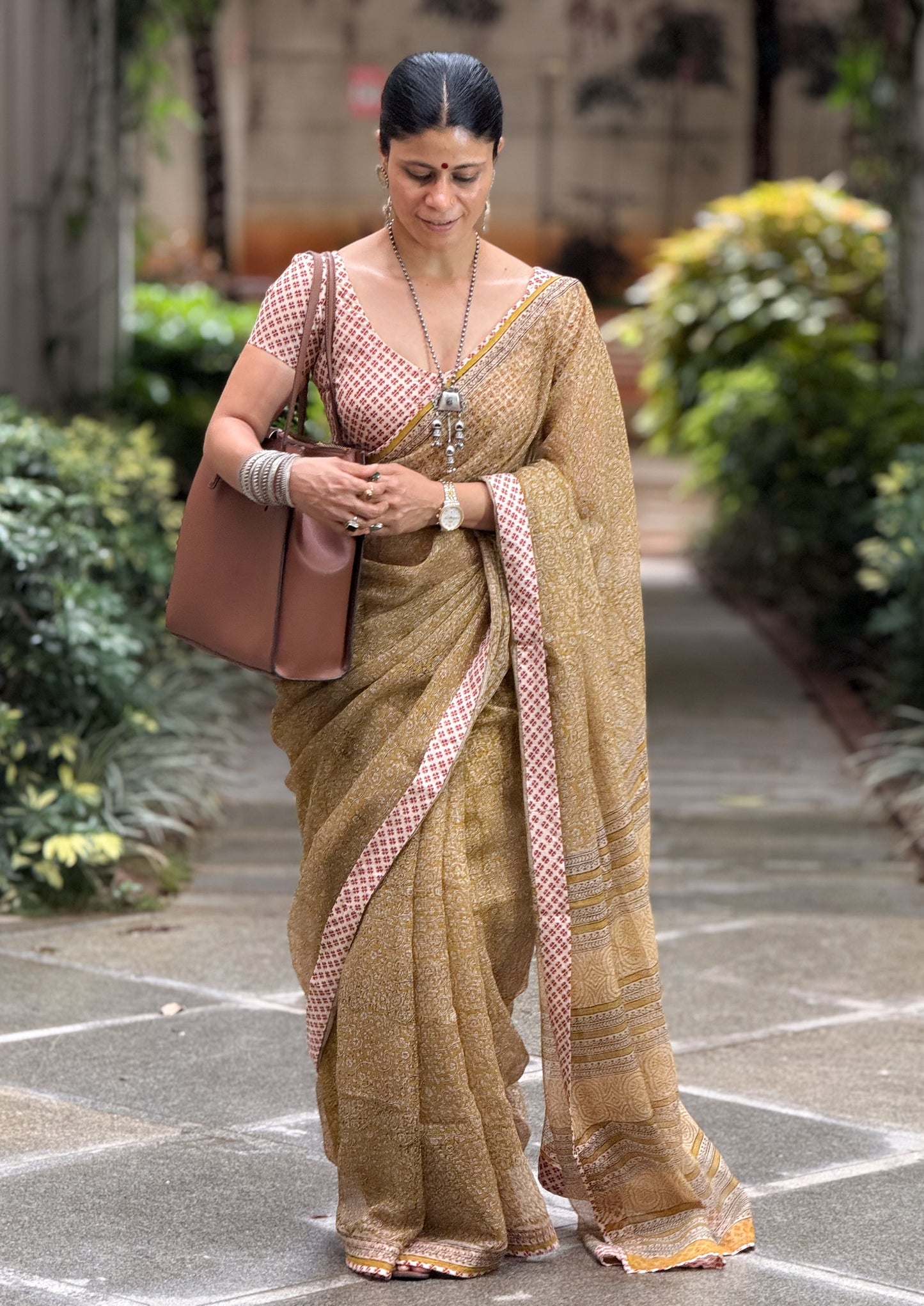 Handmade Natural Dyed Handblock Bagru / Dabu Printed Kota Doria Saree With Dabu Patch Border.