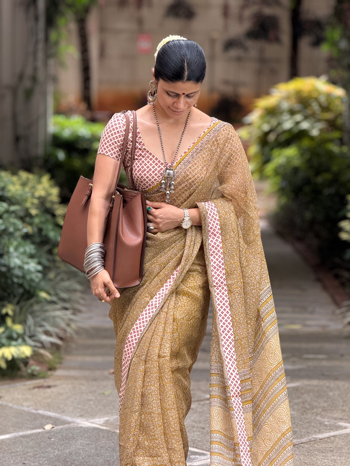 Handmade Natural Dyed Handblock Bagru / Dabu Printed Kota Doria Saree With Dabu Patch Border.