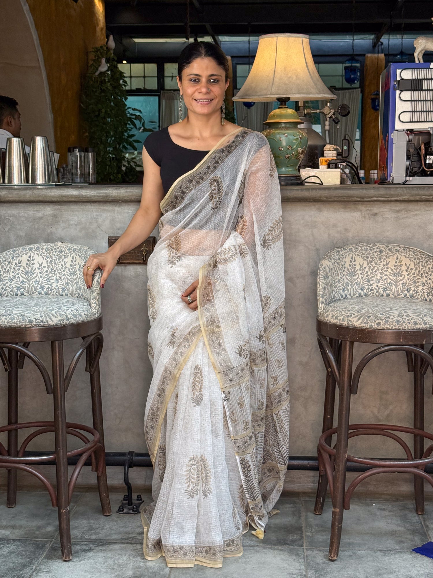 Handblock Printed Kota Dorai Saree With Hand Embroidered Running Stitch.