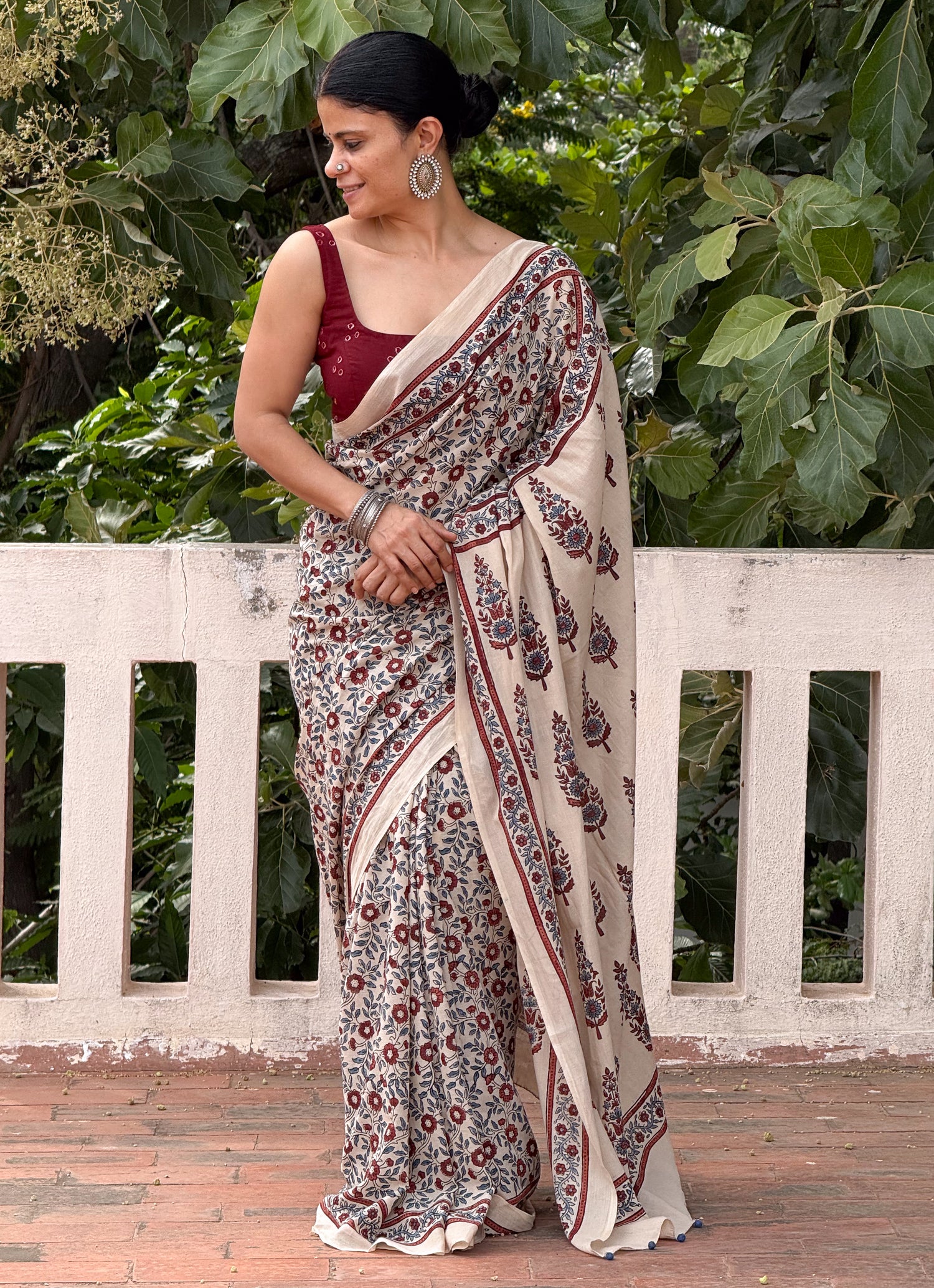 Handmade & Handblock Printed Natural Dyed Ajrakh Mull Cotton Saree.