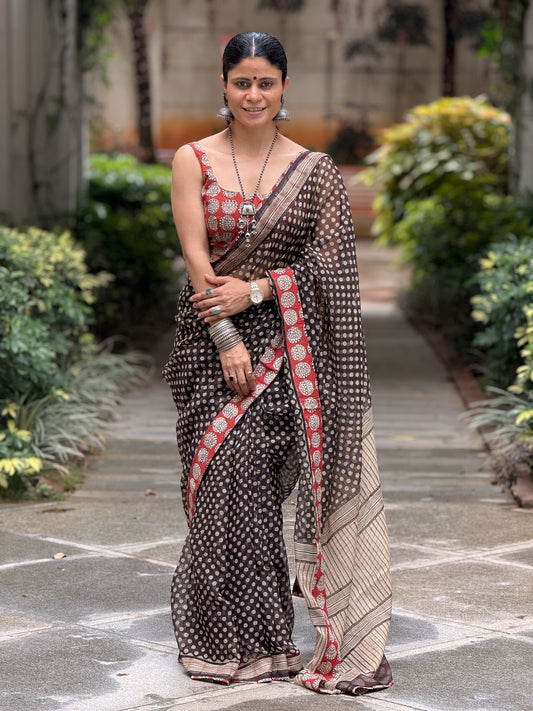 Handmade Natural Dyed Handblock Bagru / Dabu Printed Kota Doria Saree With Dabu Patch Border.