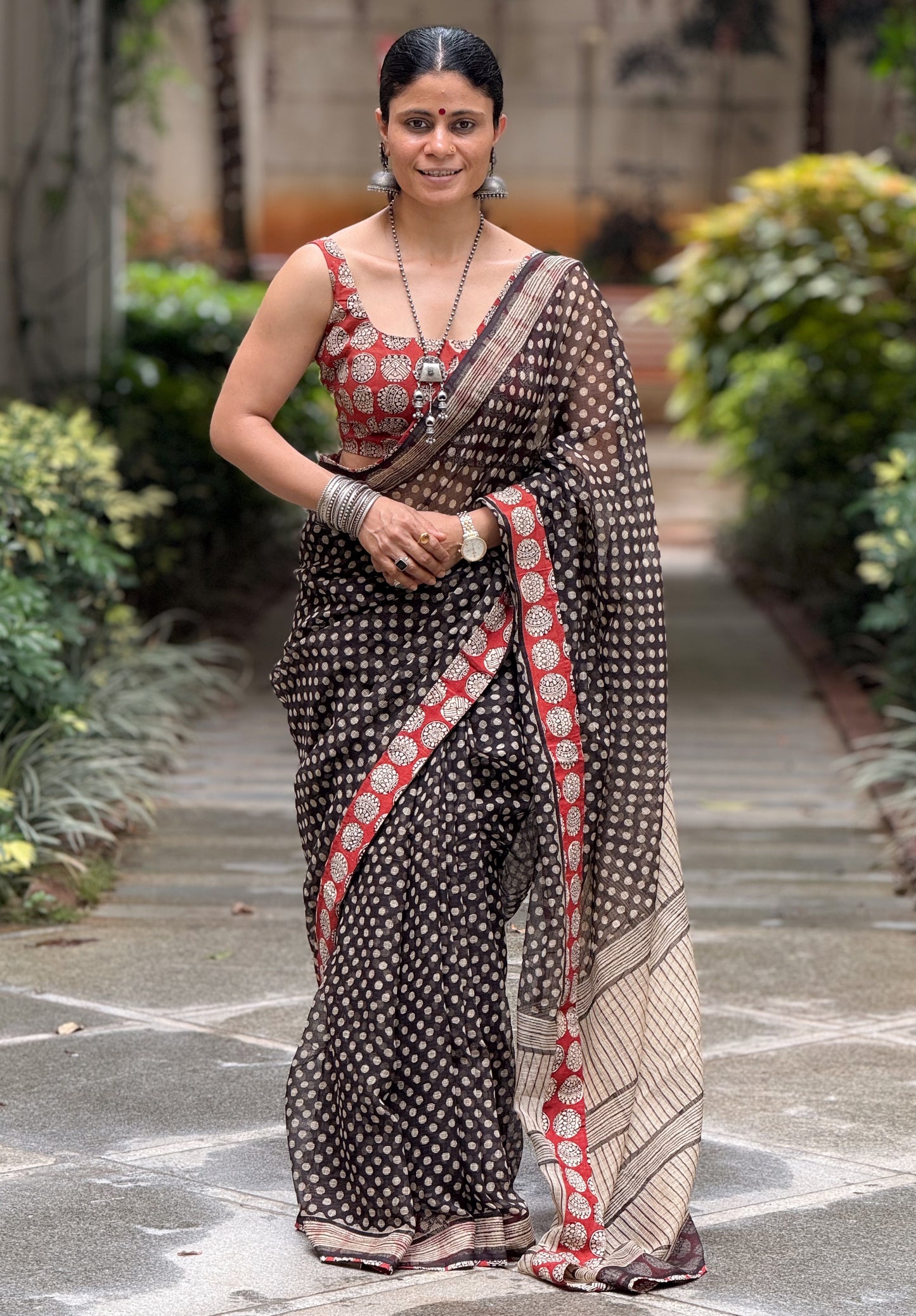 Handmade Natural Dyed Handblock Bagru / Dabu Printed Kota Doria Saree With Dabu Patch Border.