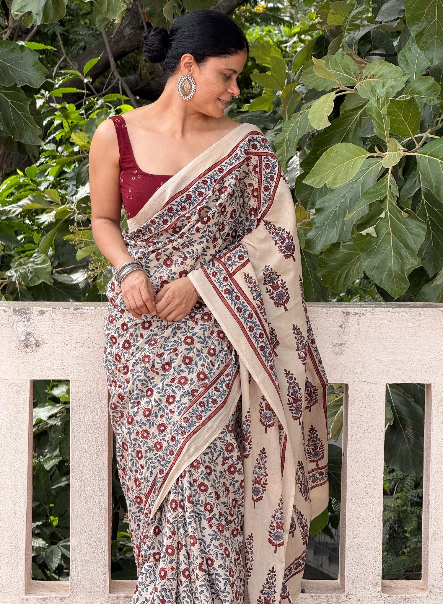 Handmade & Handblock Printed Natural Dyed Ajrakh Mull Cotton Saree.