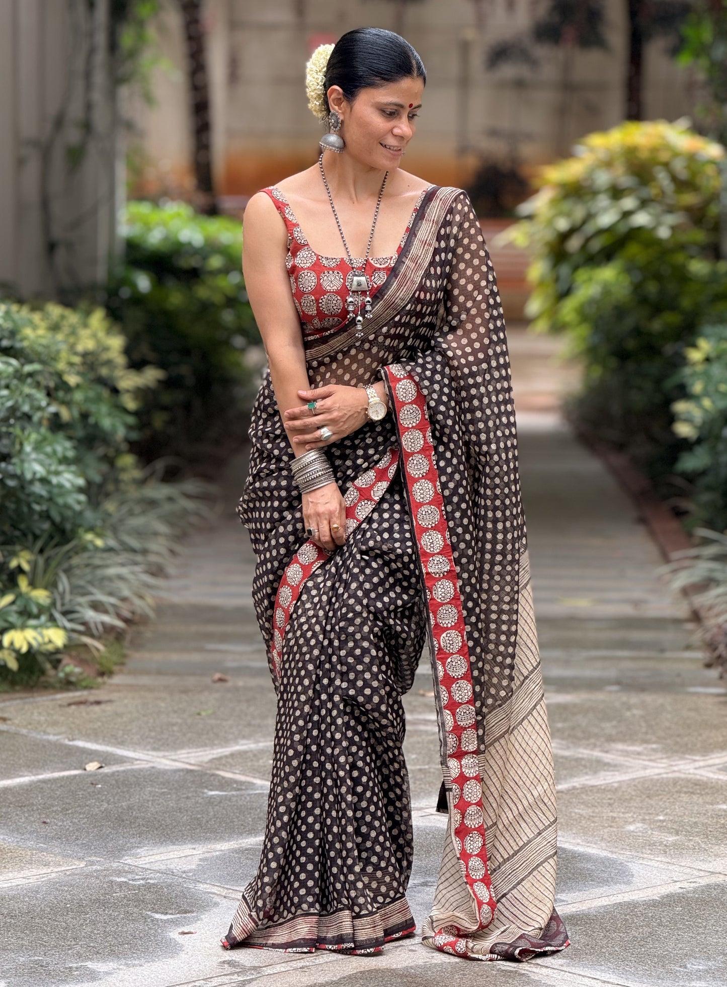 Handmade Natural Dyed Handblock Bagru / Dabu Printed Kota Doria Saree With Dabu Patch Border.
