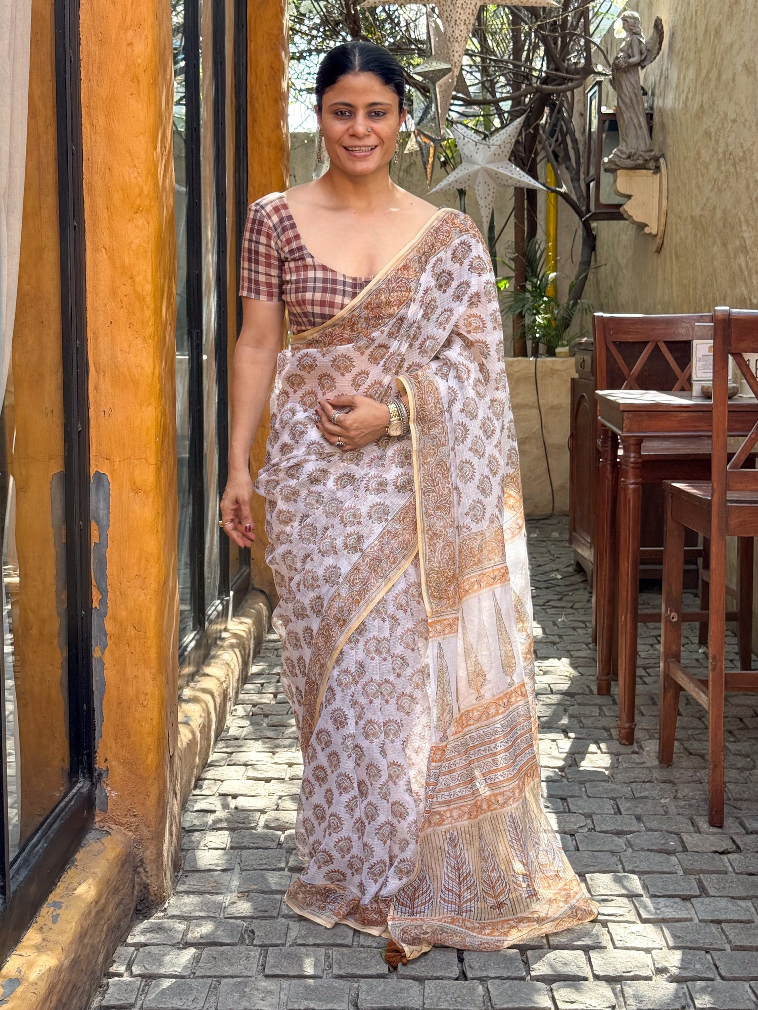 Handblock Printed Kota Dorai Saree With Hand Embroidered Running Stitch.