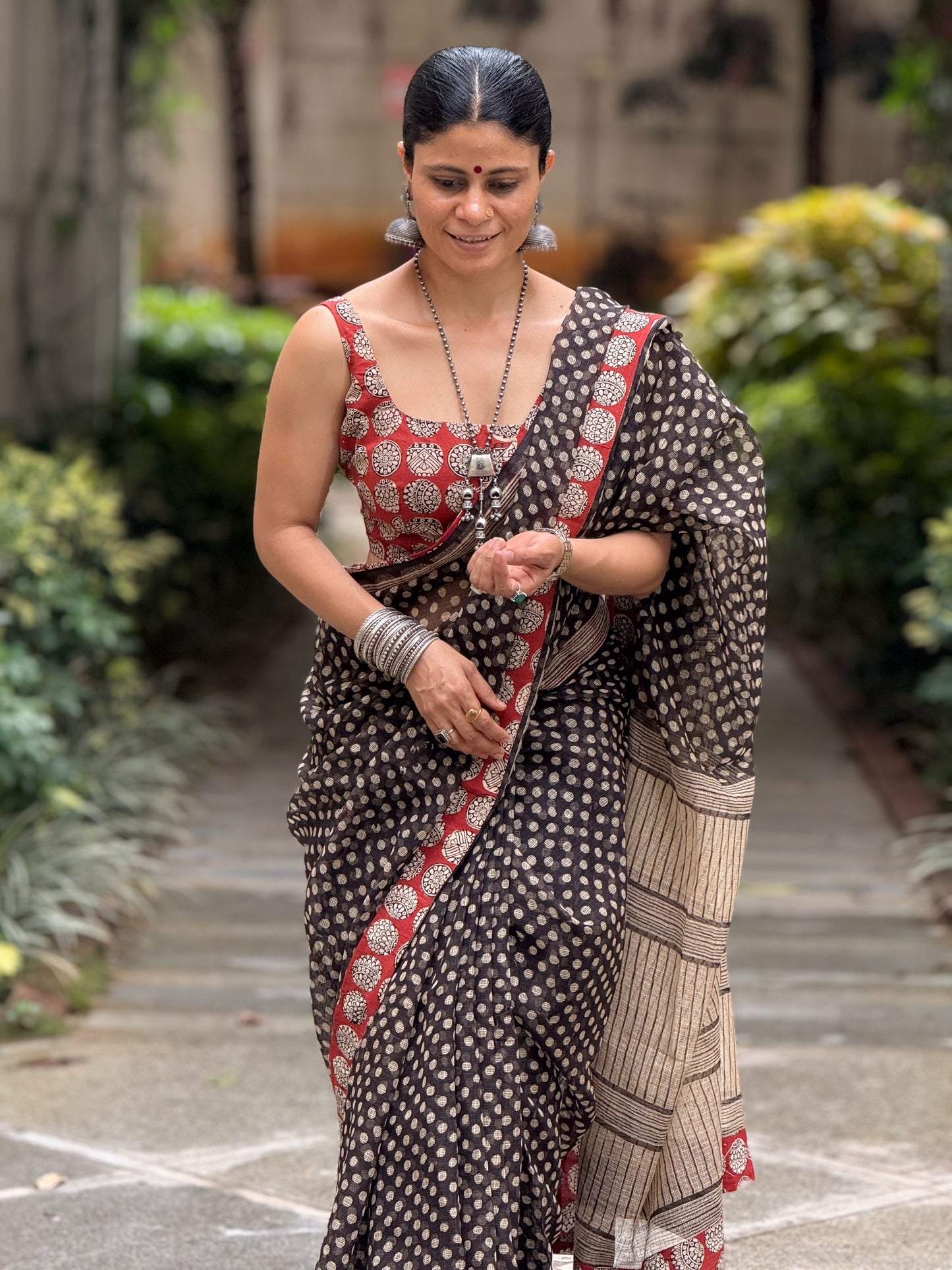 Handmade Natural Dyed Handblock Bagru / Dabu Printed Kota Doria Saree With Dabu Patch Border.