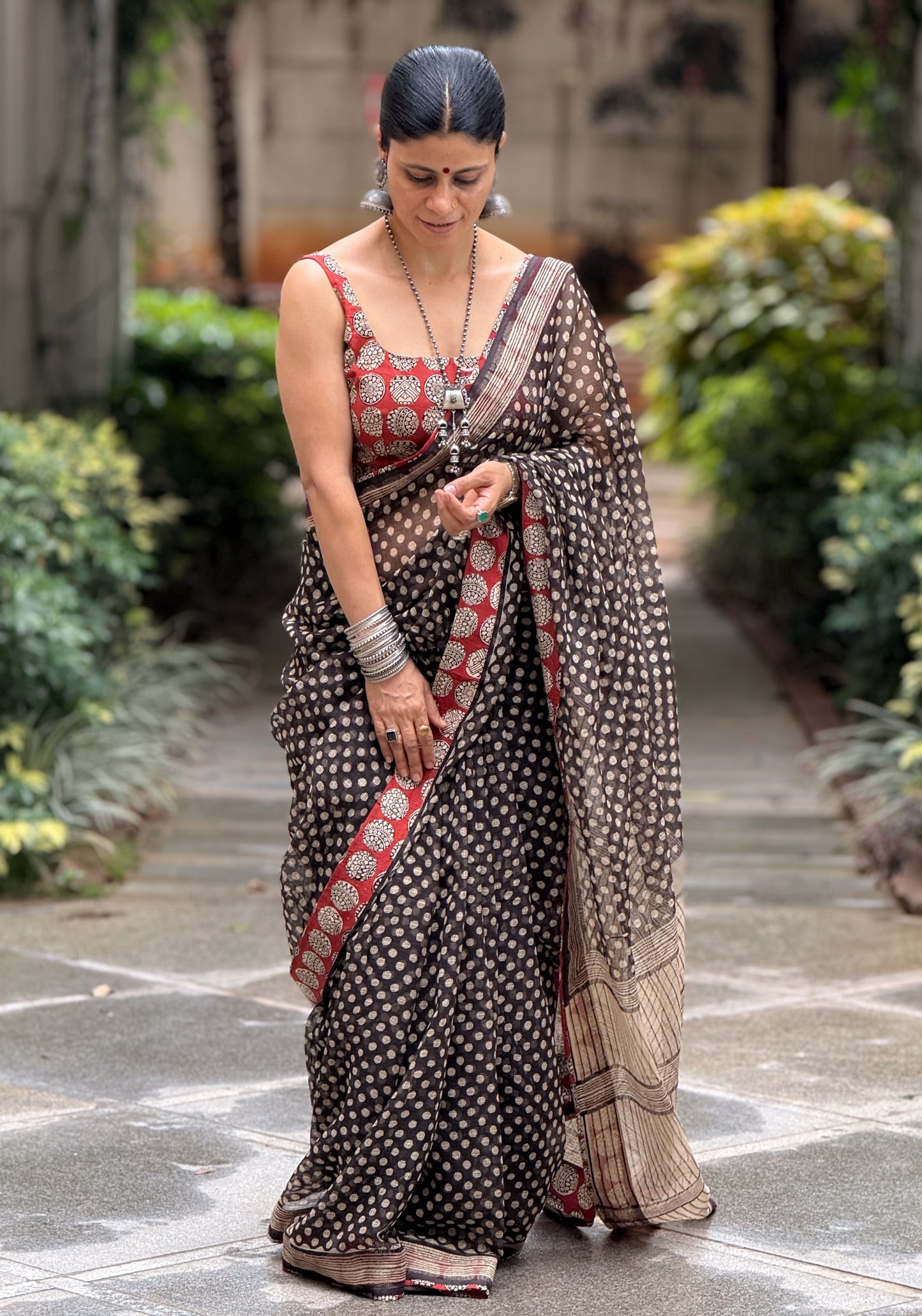 Handmade Natural Dyed Handblock Bagru / Dabu Printed Kota Doria Saree With Dabu Patch Border.