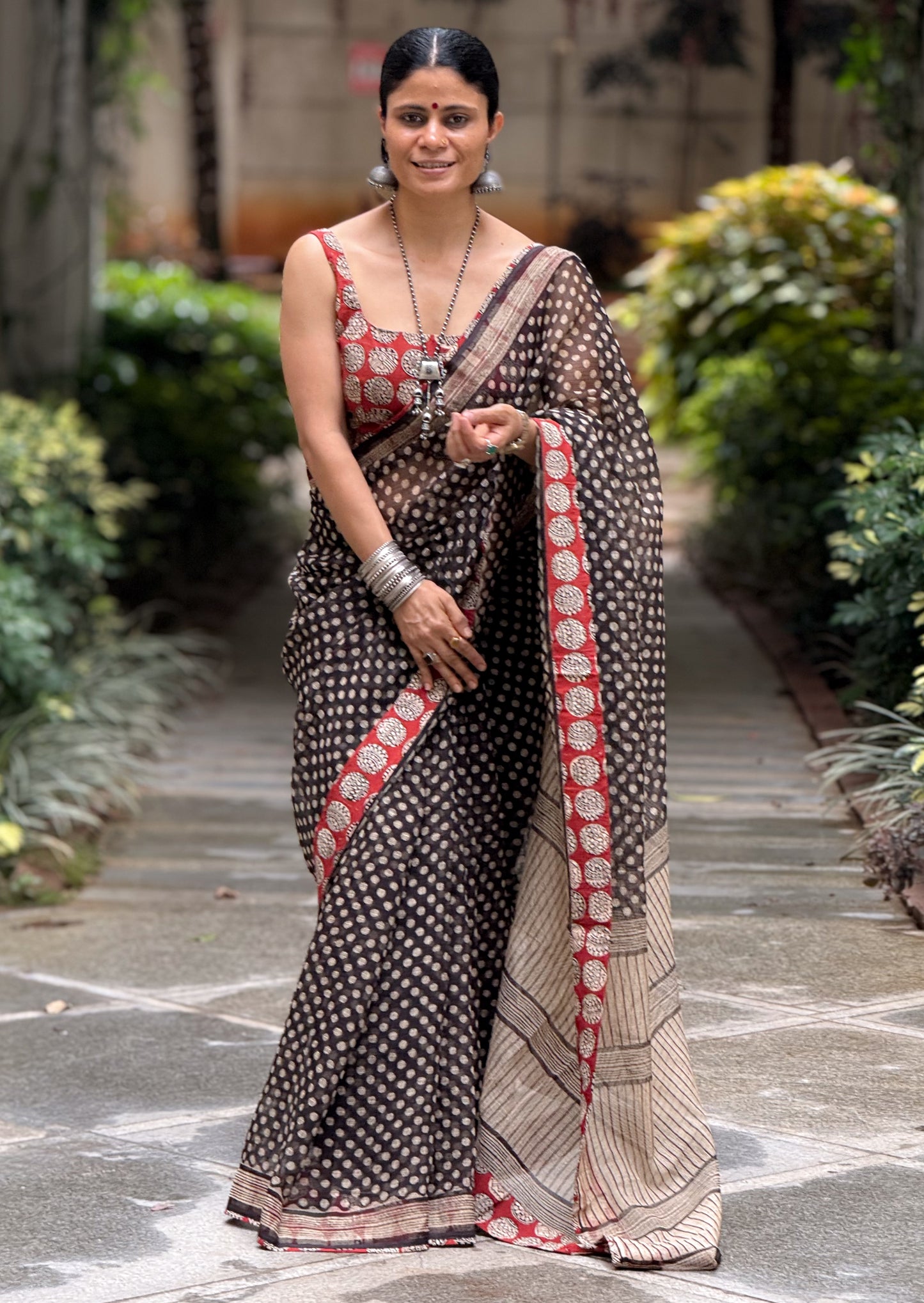 Handmade Natural Dyed Handblock Bagru / Dabu Printed Kota Doria Saree With Dabu Patch Border.