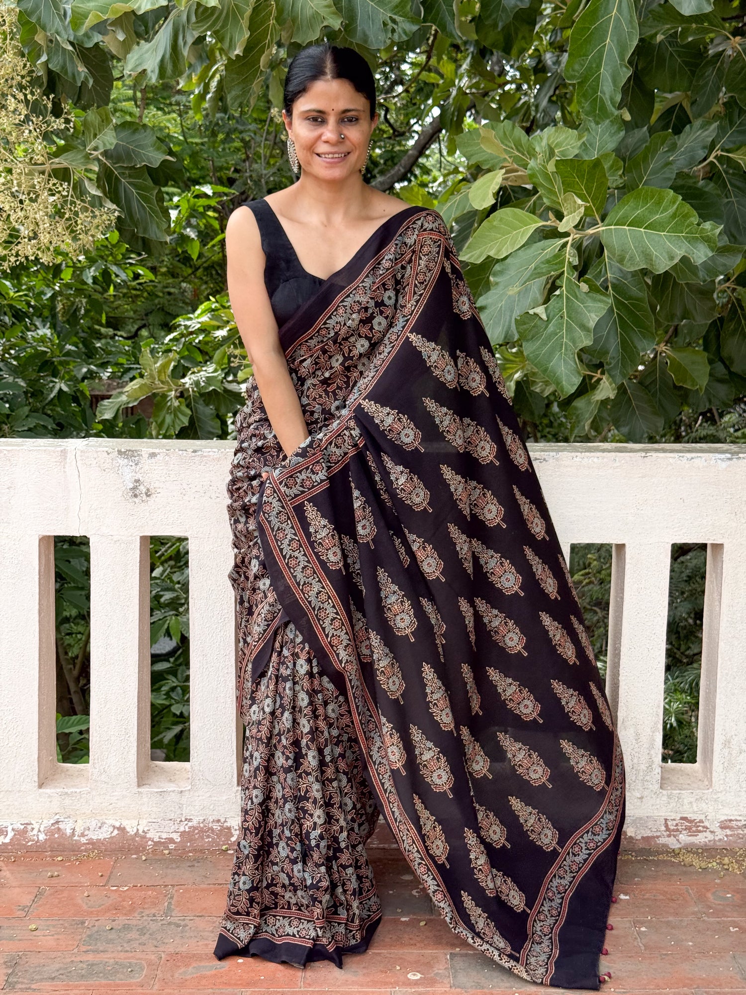 Handmade & Handblock Printed Natural Dyed Ajrakh Mull Cotton Saree.