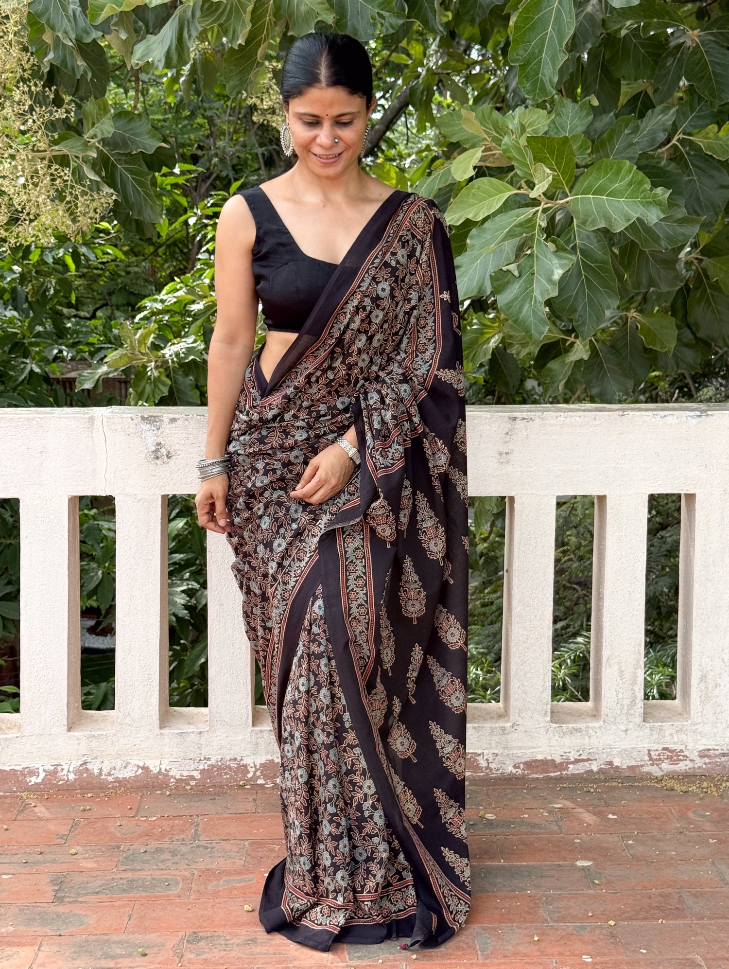 Handmade & Handblock Printed Natural Dyed Ajrakh Mull Cotton Saree.