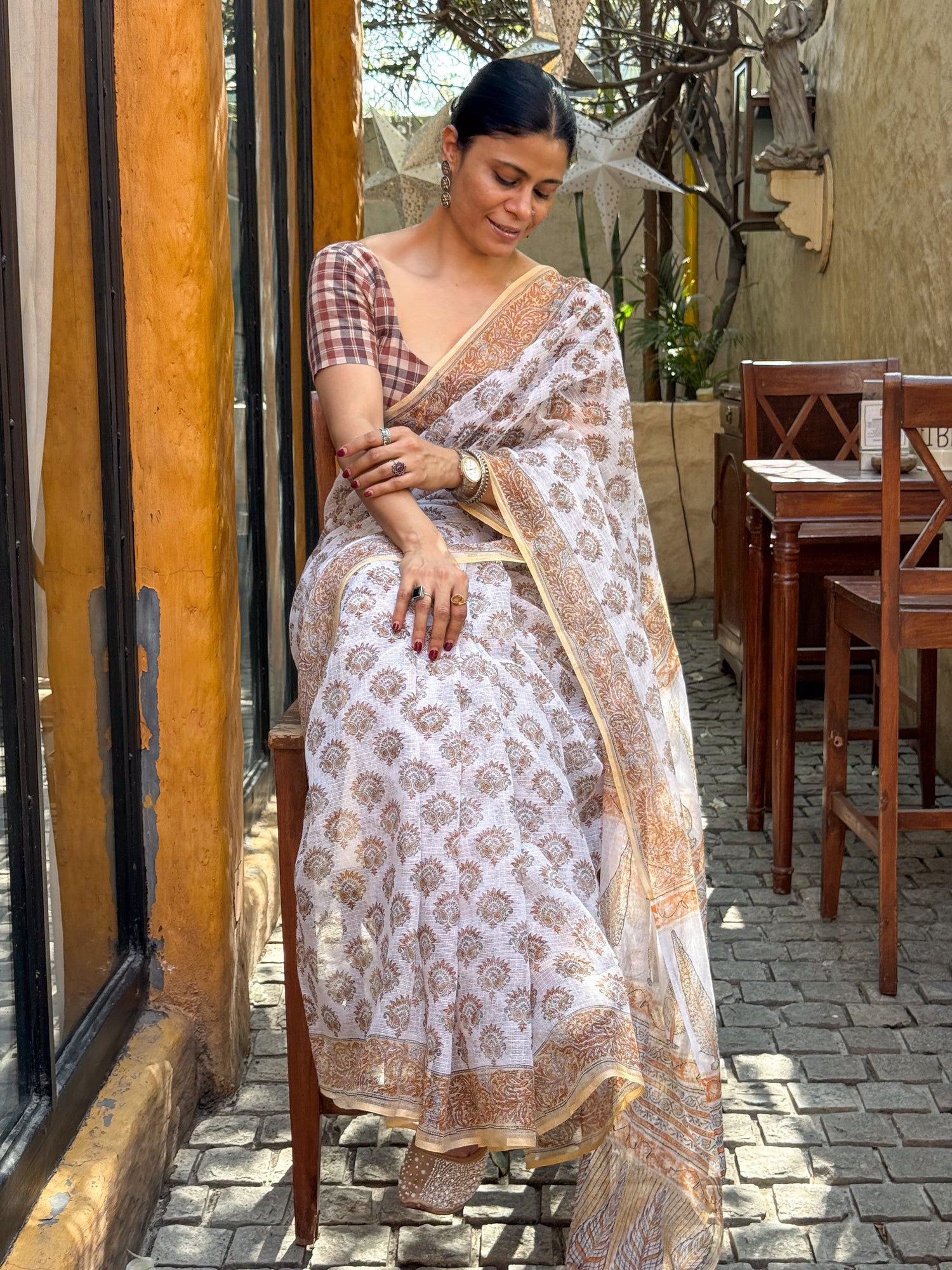 Handblock Printed Kota Dorai Saree With Hand Embroidered Running Stitch.