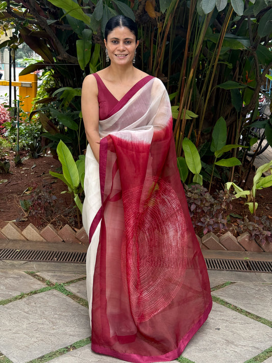 Handloom Organza Silk Saree in Handmade Arashi Shibori With Mulberry Silk Borders.