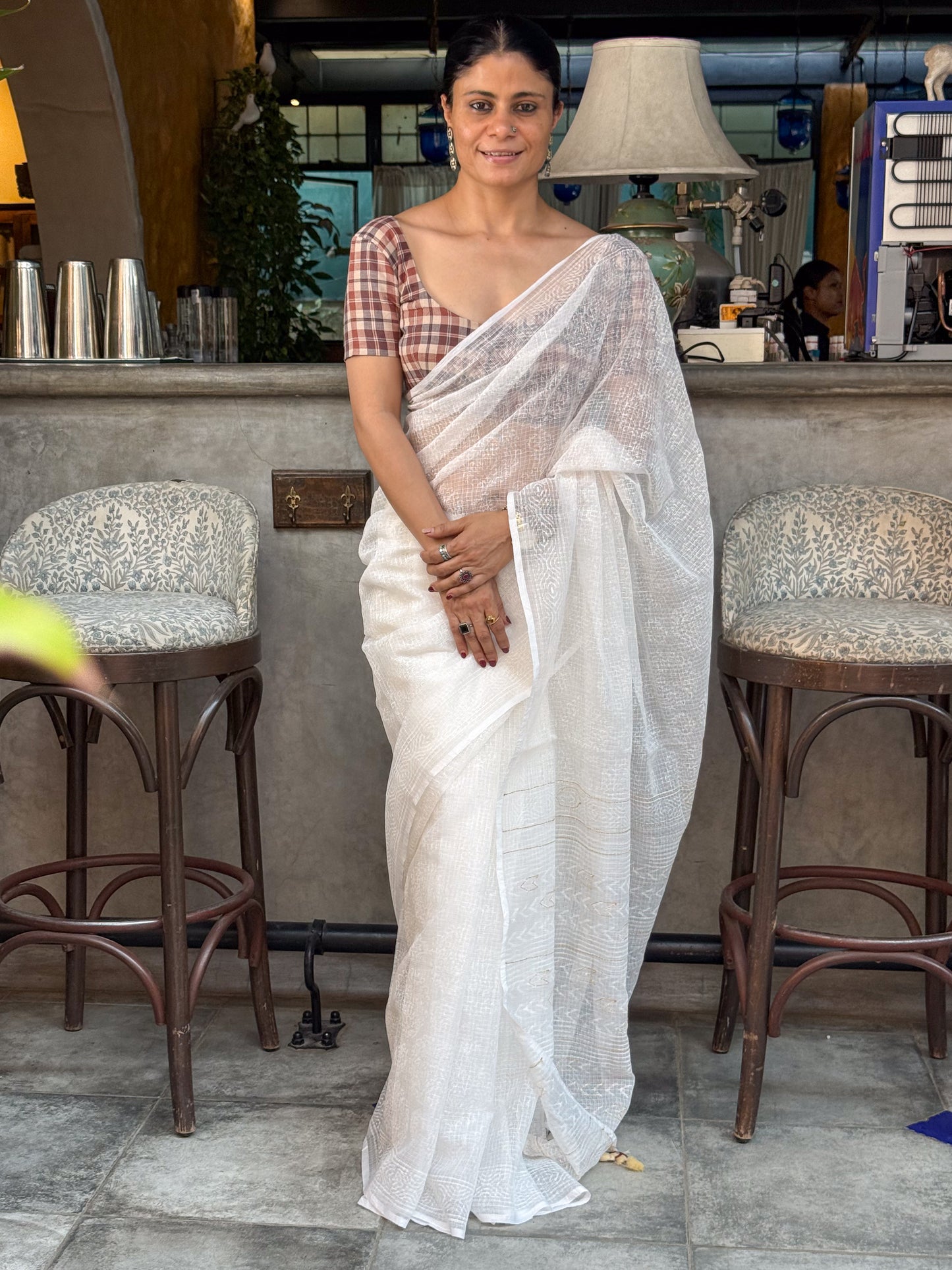 Handblock Printed Kota Dorai Saree With Hand Embroidered Running Stitch.