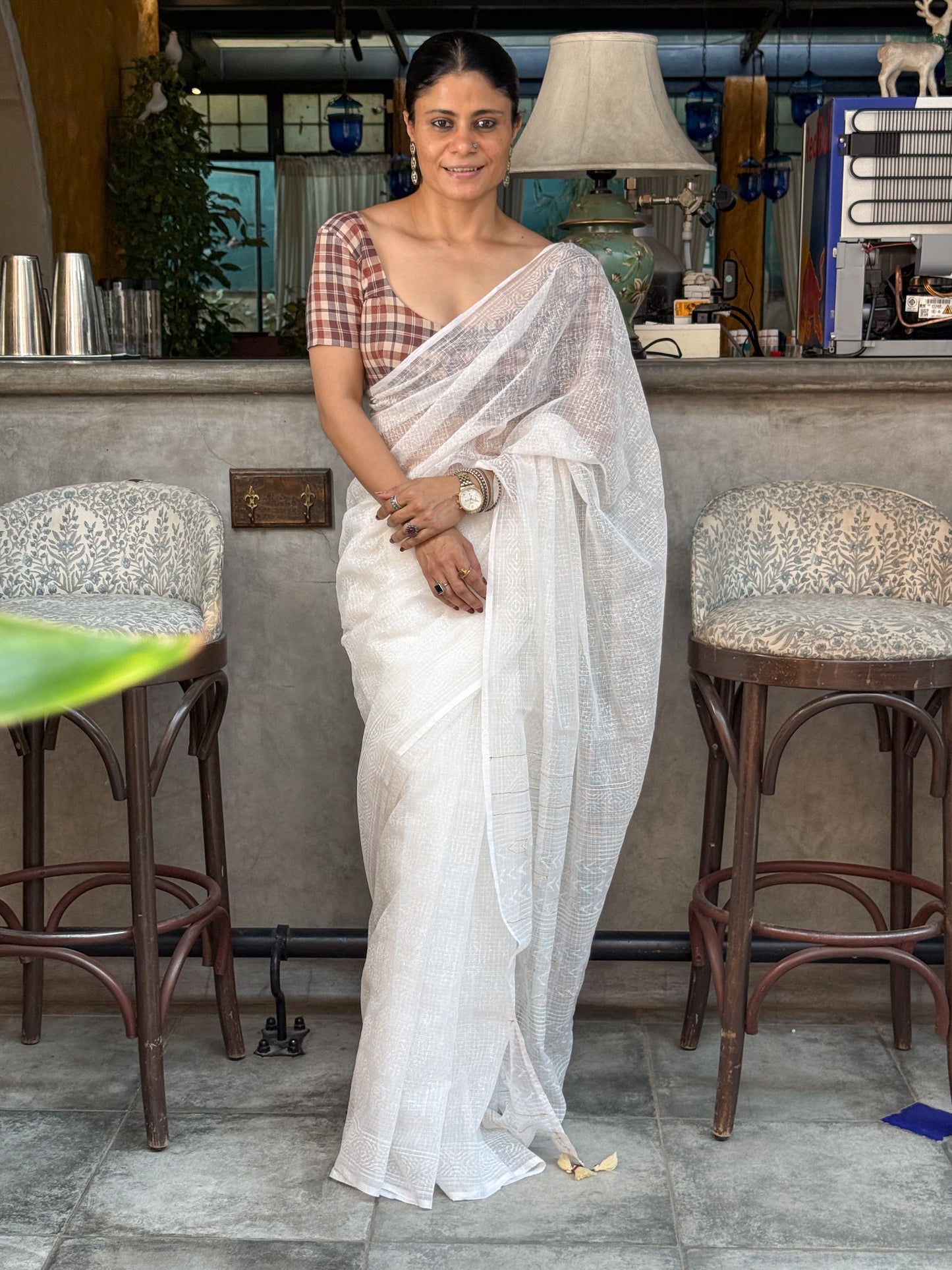 Handblock Printed Kota Dorai Saree With Hand Embroidered Running Stitch.