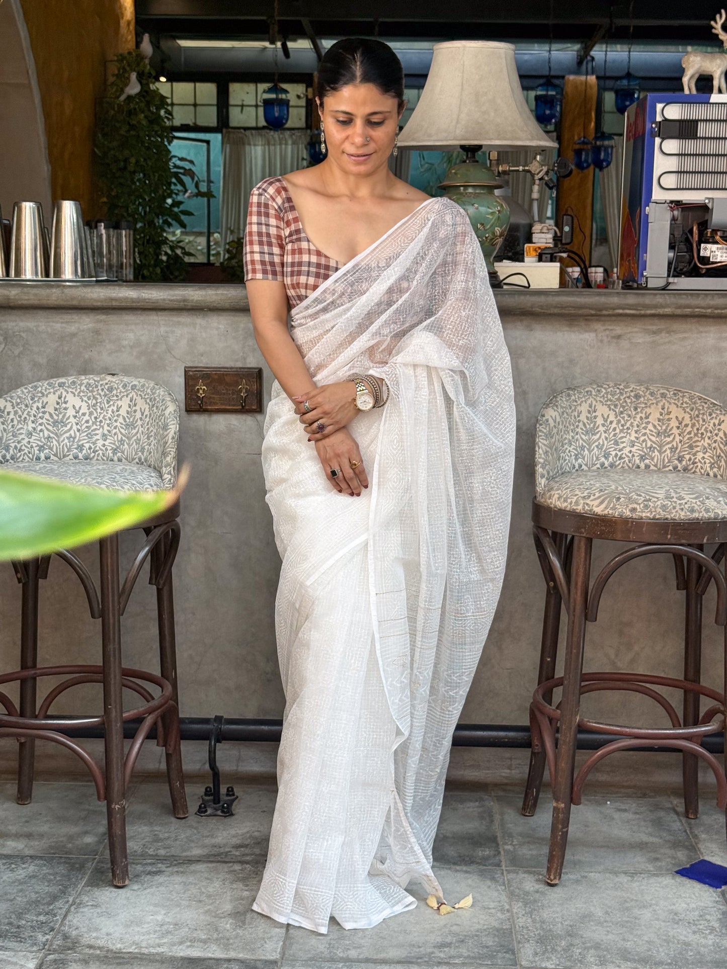 Handblock Printed Kota Dorai Saree With Hand Embroidered Running Stitch.