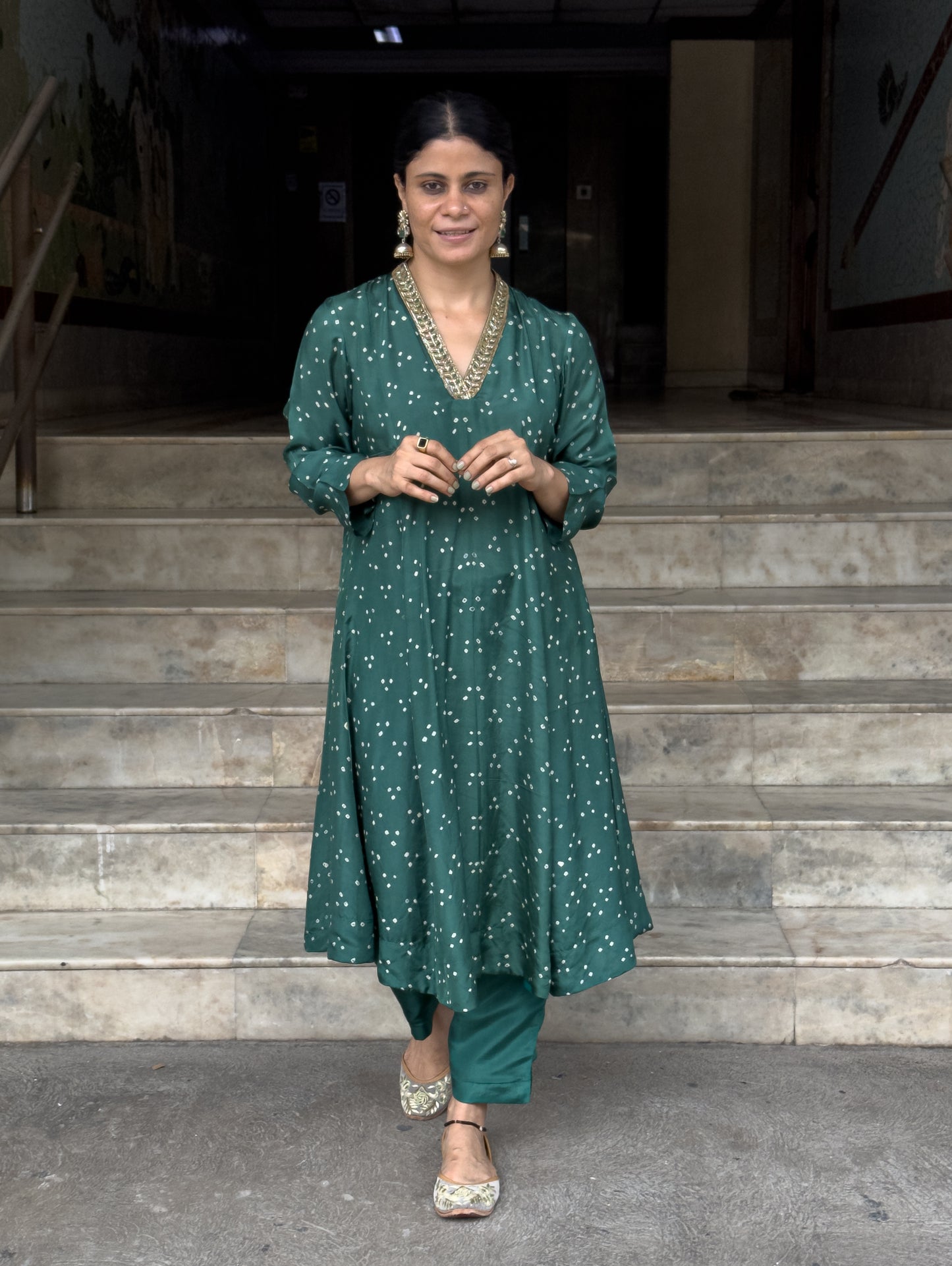 Handmade & Handembroidered Bandhini Silk Kurta set