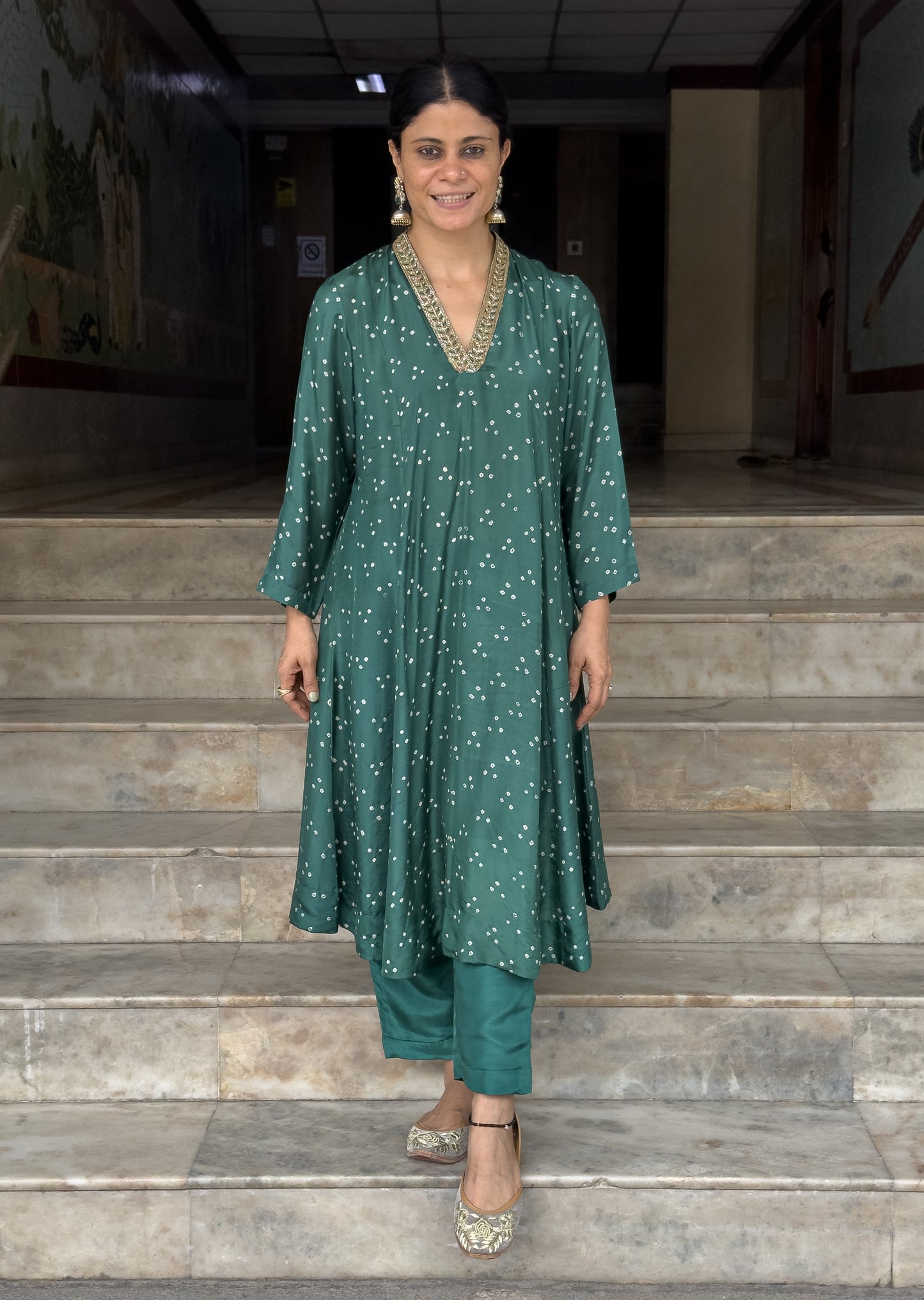 Handmade & Handembroidered Bandhini Silk Kurta set
