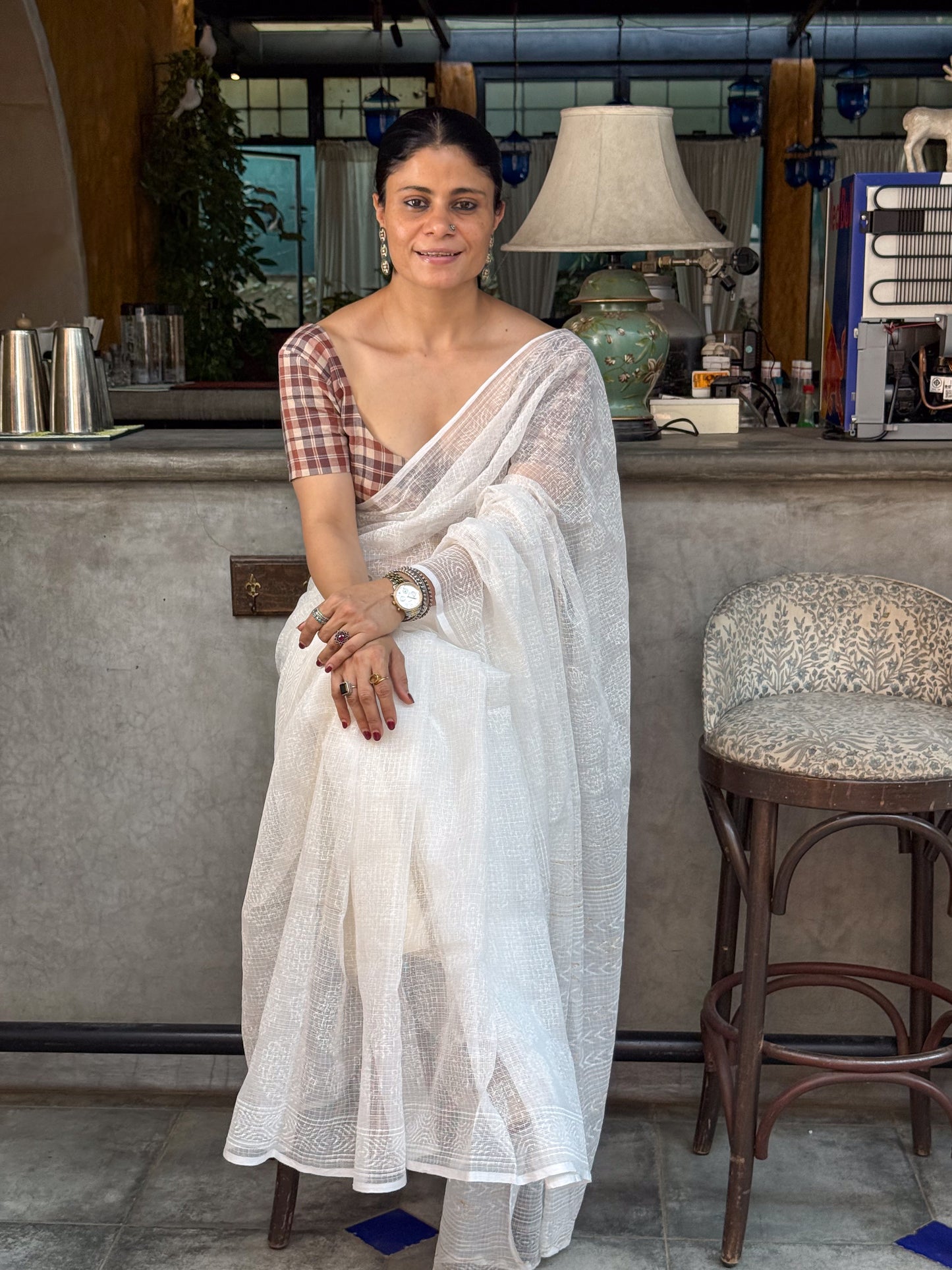 Handblock Printed Kota Dorai Saree With Hand Embroidered Running Stitch.