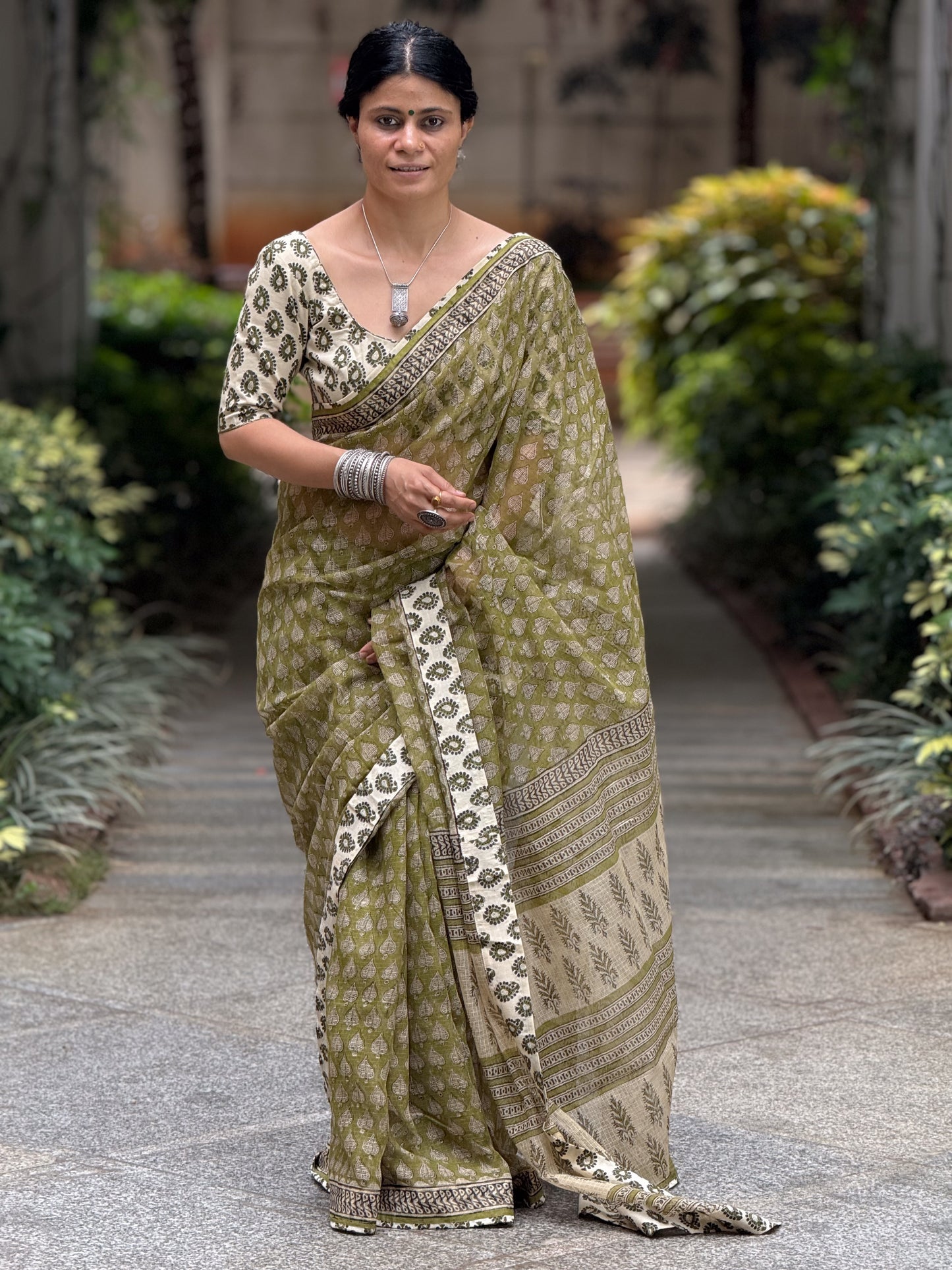 Handmade Natural Dyed Handblock Bagru / Dabu Printed Kota Doria Saree With Dabu Patch Border.