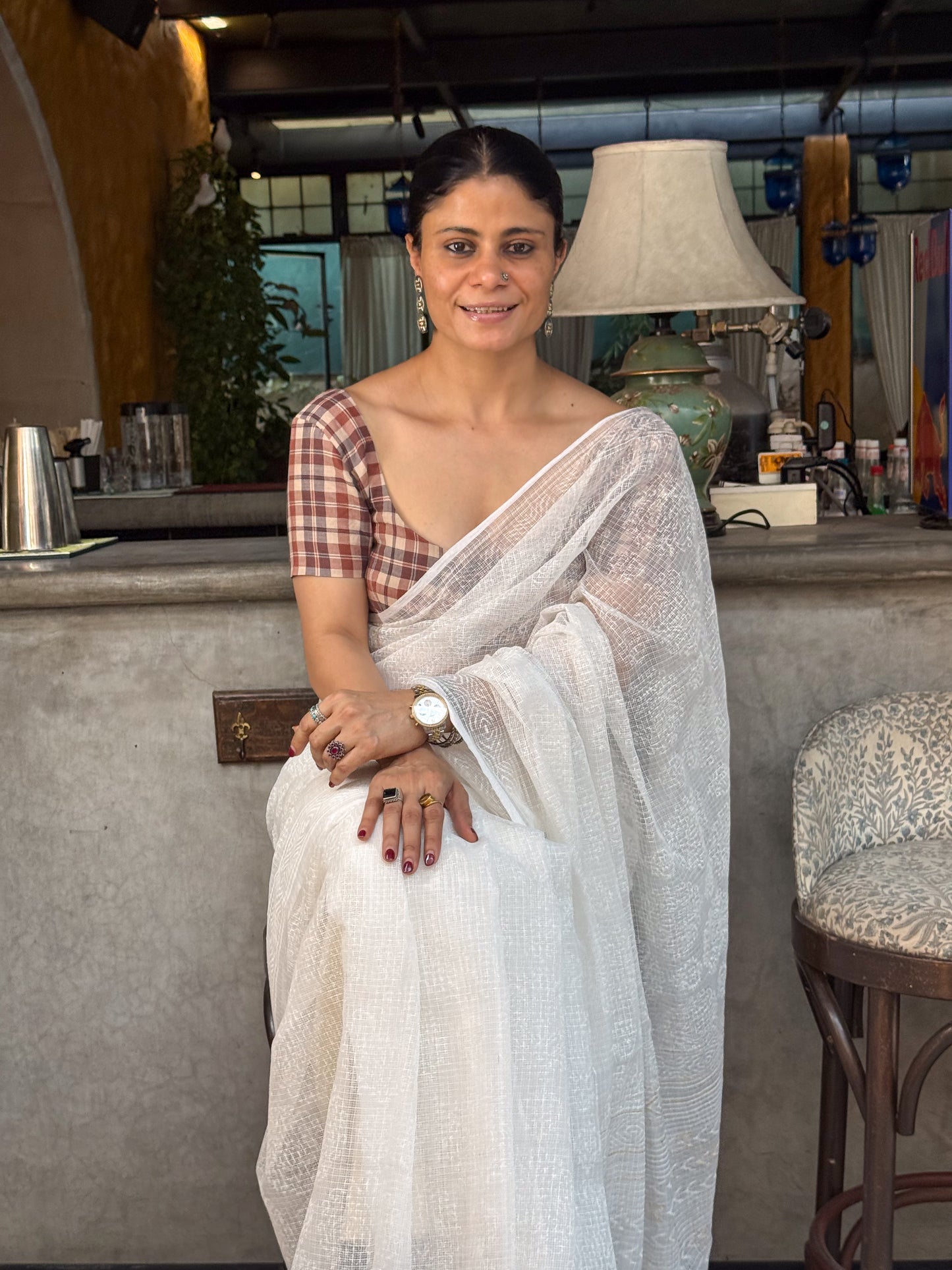 Handblock Printed Kota Dorai Saree With Hand Embroidered Running Stitch.