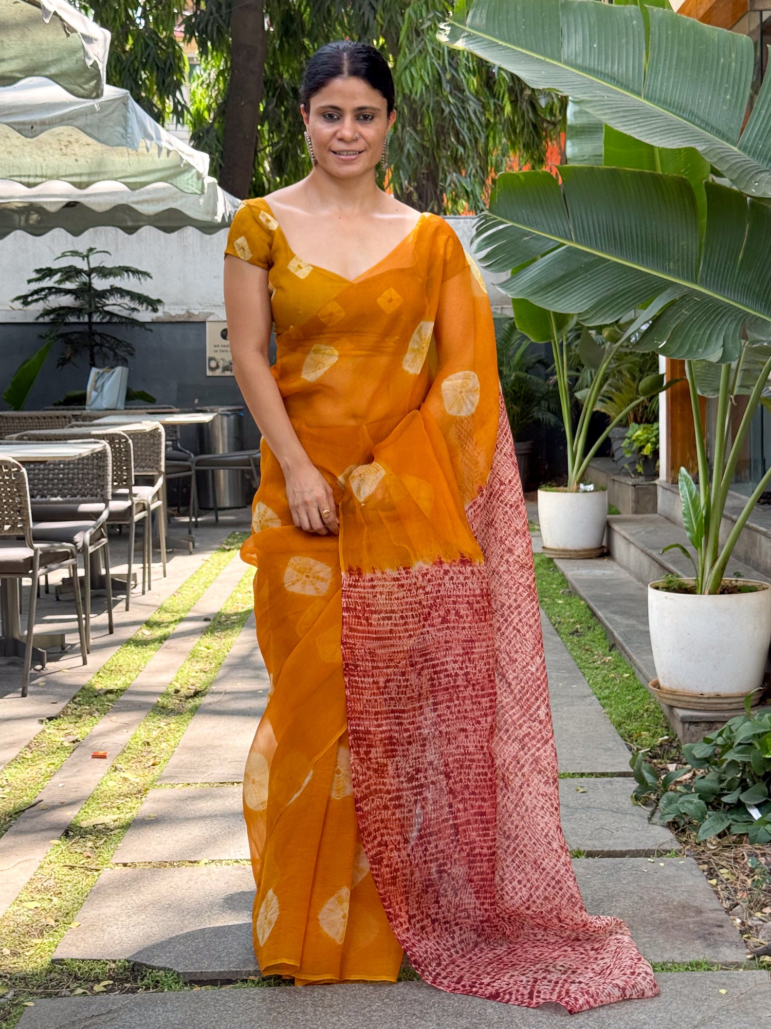 Handloom Organza Silk Saree In Kumo With Tesuji  Shibori In Natural Dyed