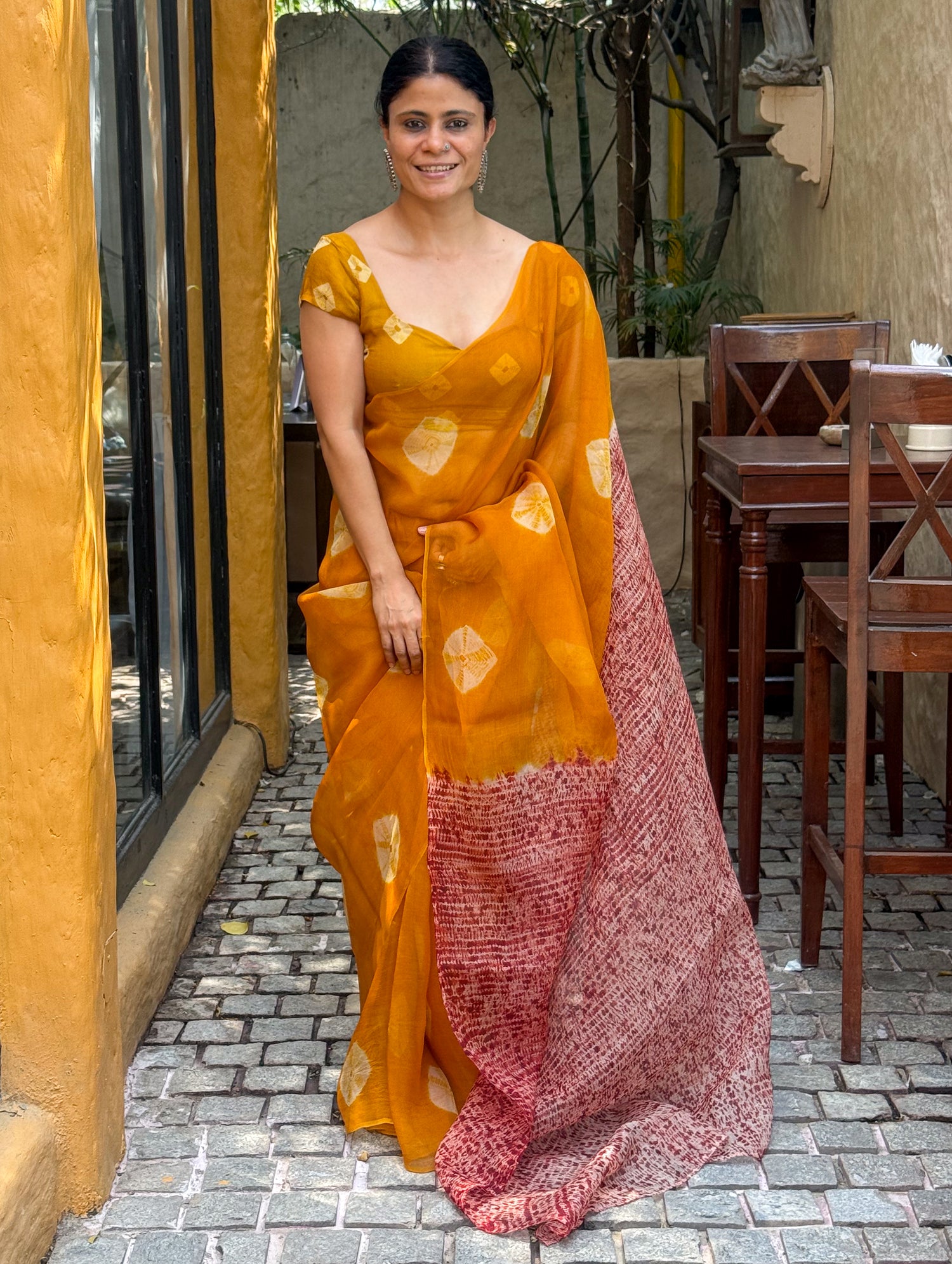 Handloom Organza Silk Saree In Kumo With Tesuji  Shibori In Natural Dyed