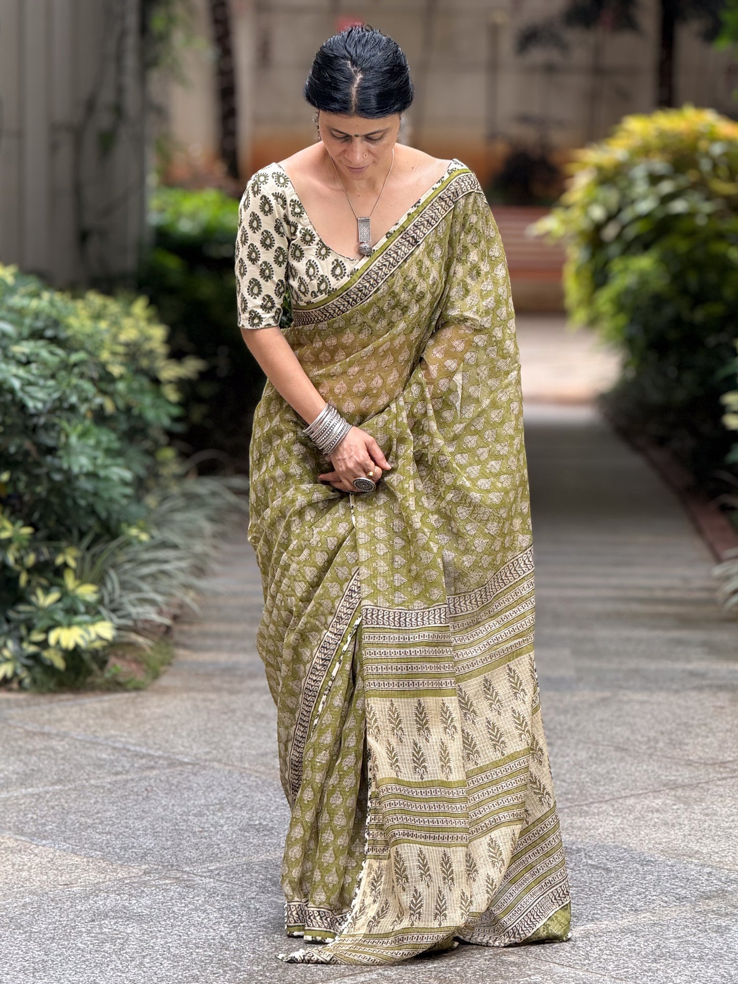 Handmade Natural Dyed Handblock Bagru / Dabu Printed Kota Doria Saree With Dabu Patch Border.