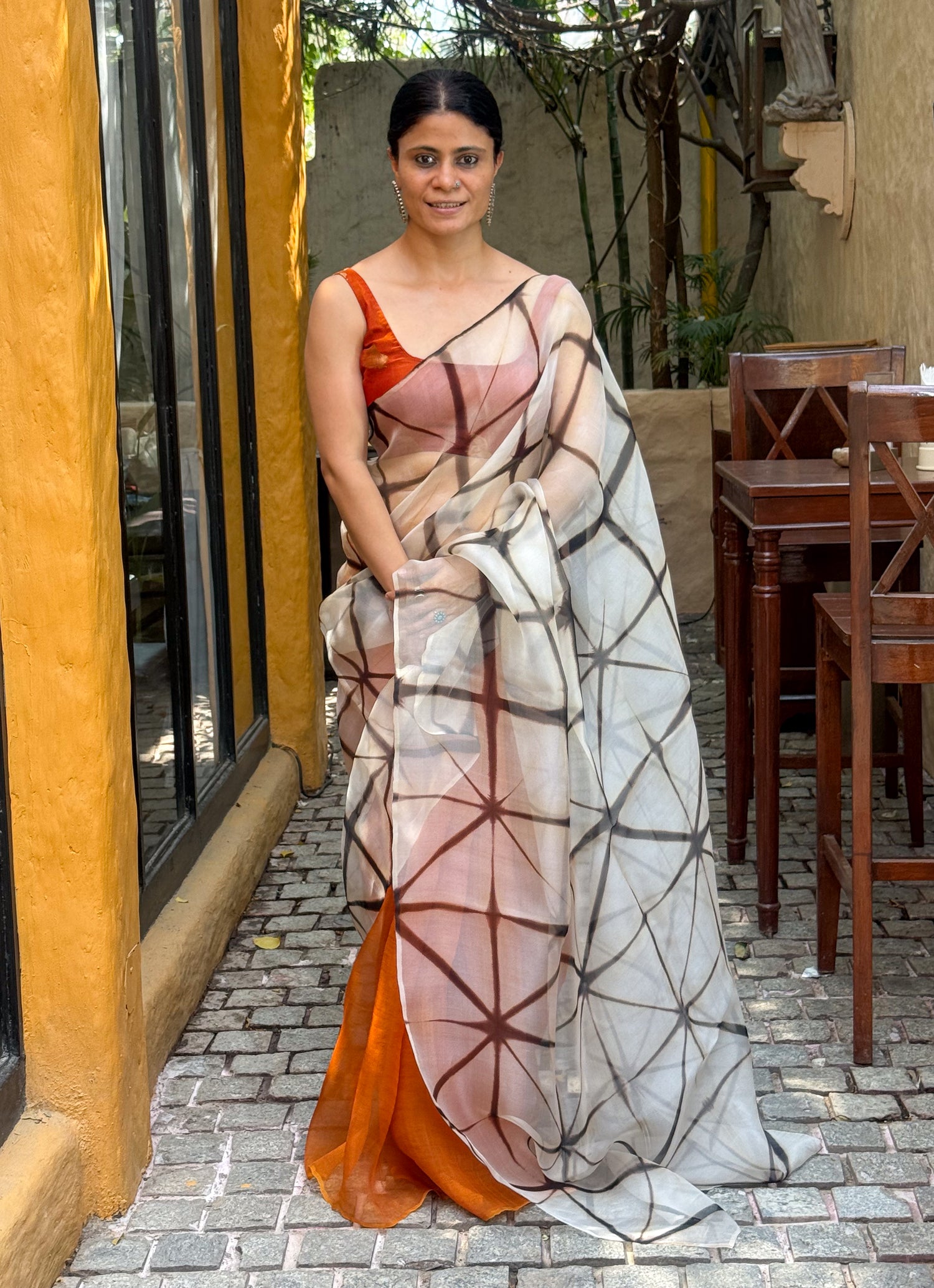 Handloom Organza Silk Saree In Itajime Shibori In Natural Dyed
