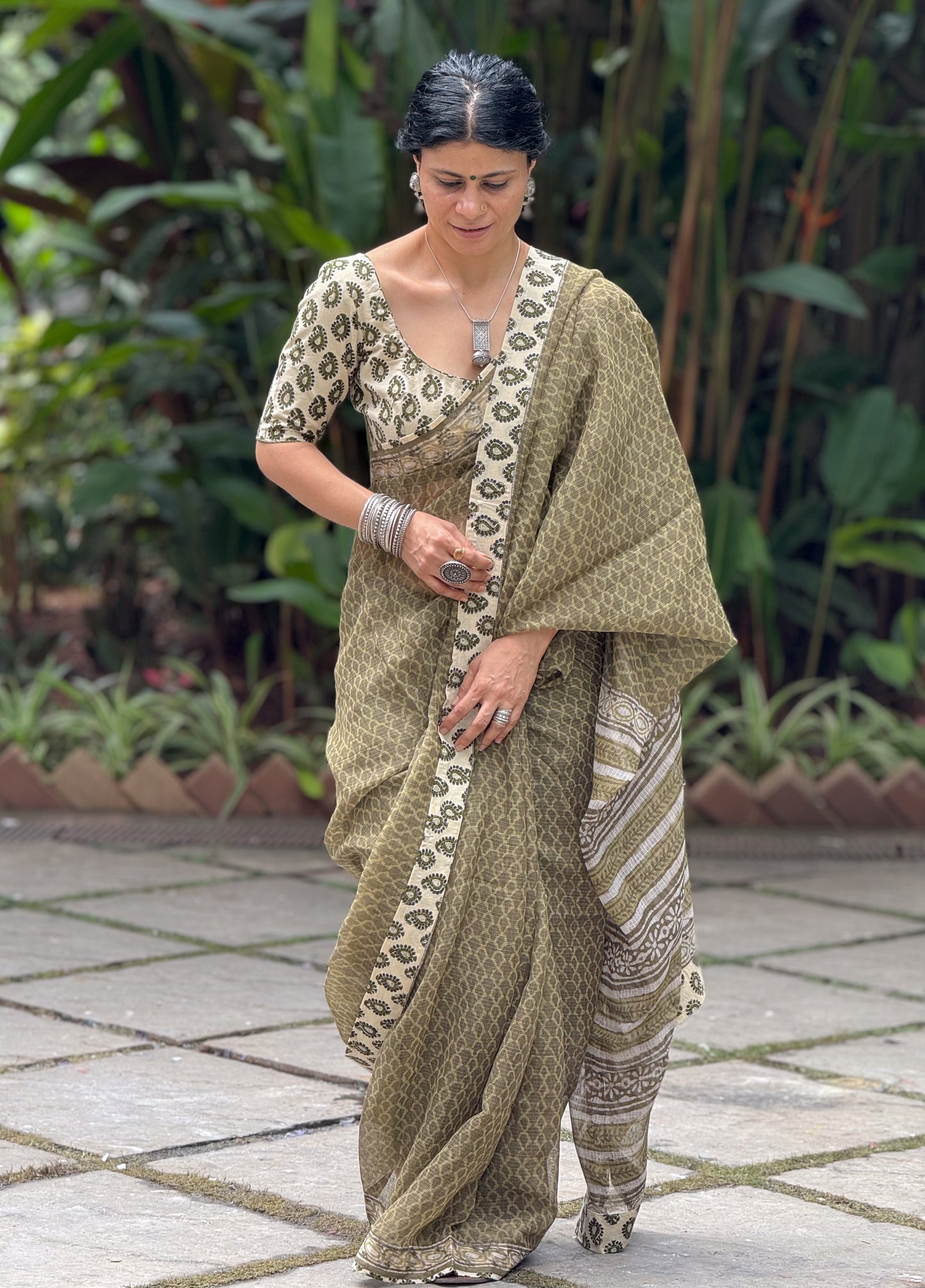 Handmade Natural Dyed Handblock Bagru / Dabu Printed Kota Doria Saree With Dabu Patch Border.