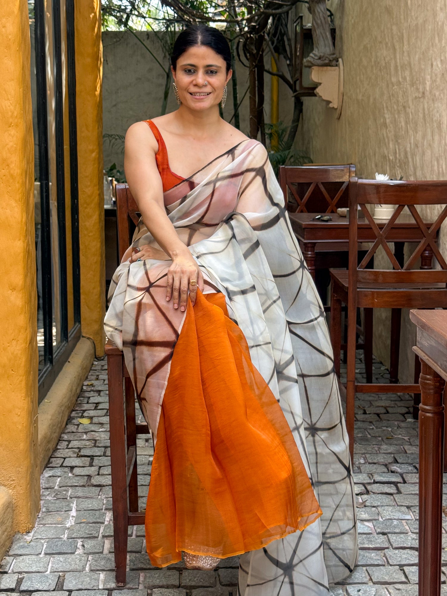 Handloom Organza Silk Saree In Itajime Shibori In Natural Dyed