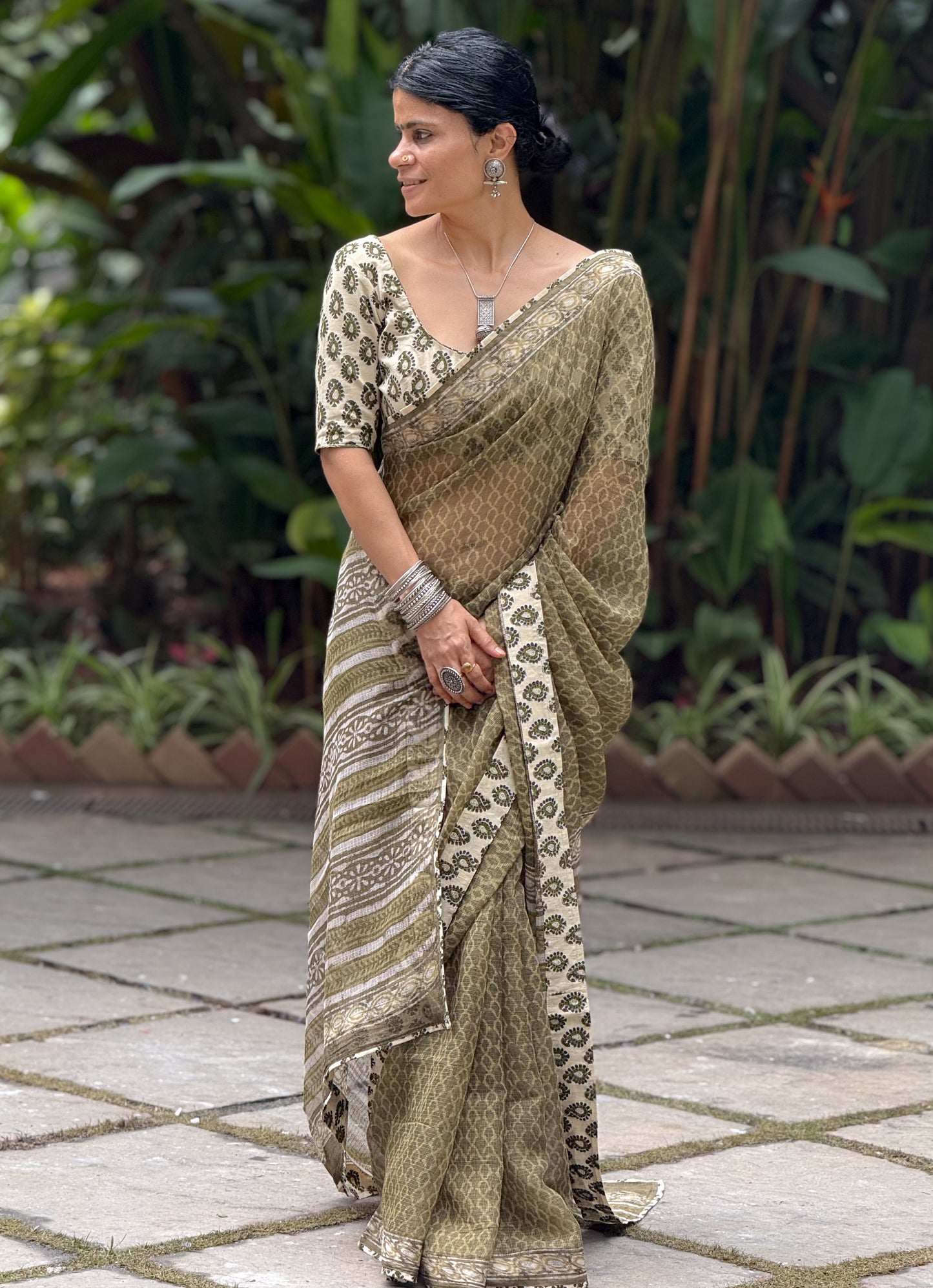 Handmade Natural Dyed Handblock Bagru / Dabu Printed Kota Doria Saree With Dabu Patch Border.