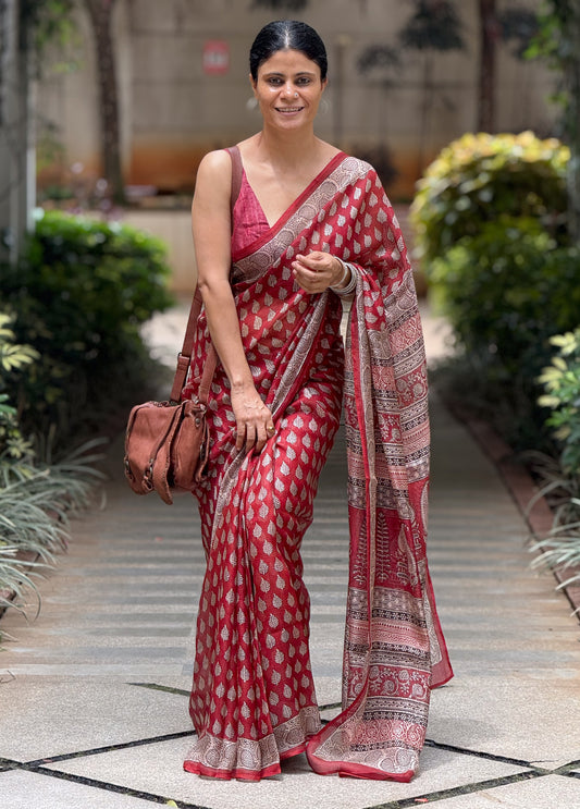 Handloom Kota Silk With Handblock Bagh Printed.