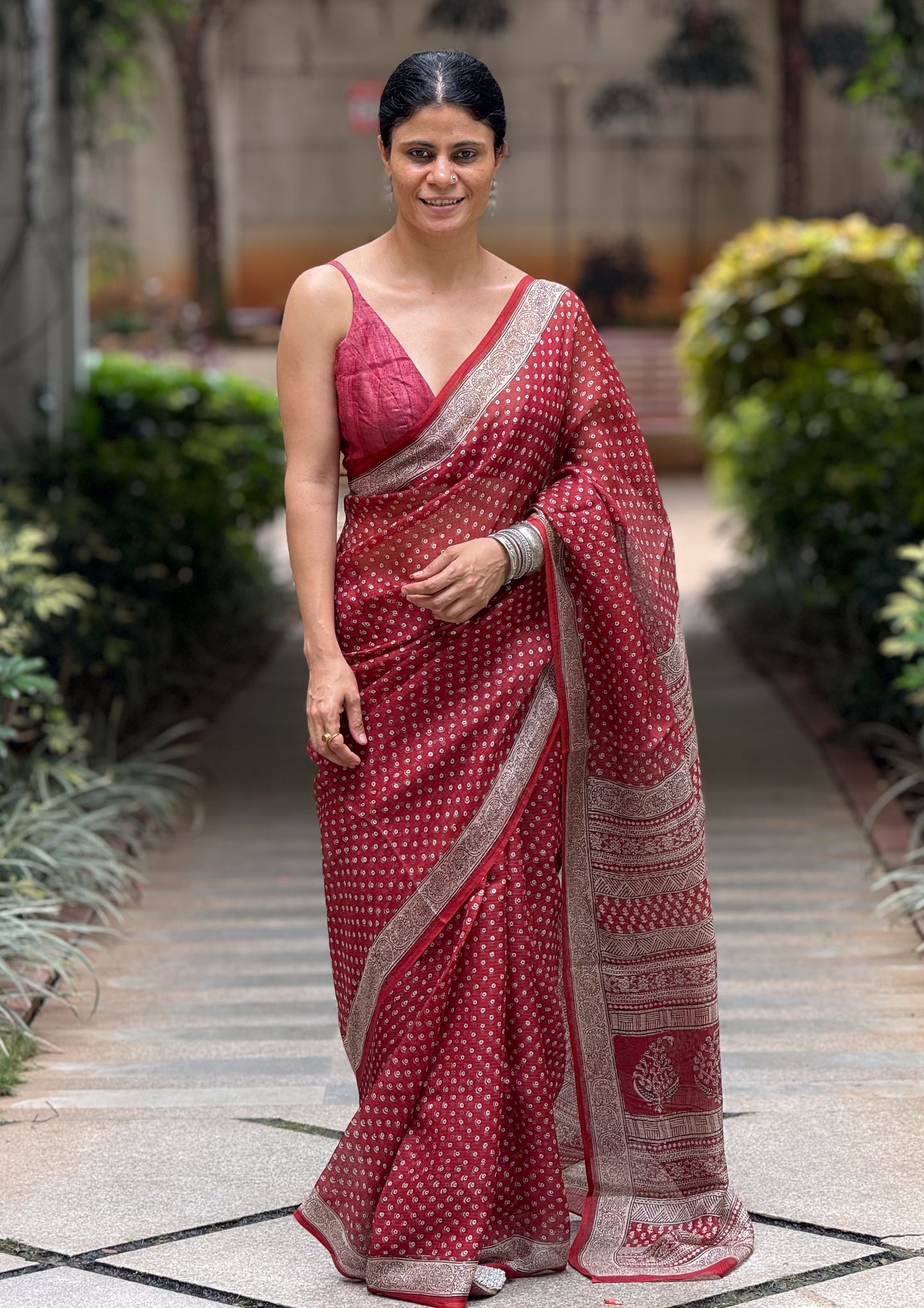 Handloom Kota Silk With Handblock Bagh Printed.