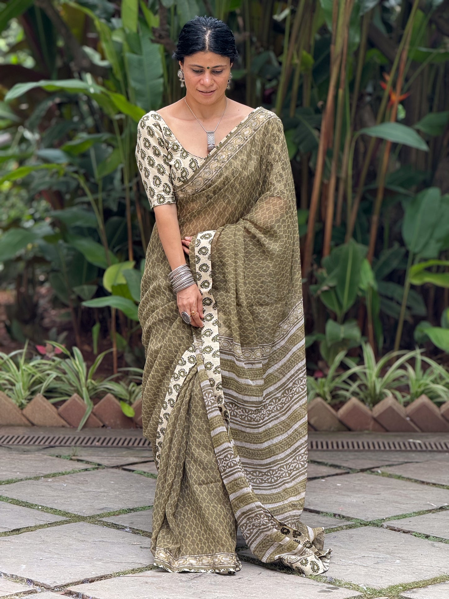 Handmade Natural Dyed Handblock Bagru / Dabu Printed Kota Doria Saree With Dabu Patch Border.