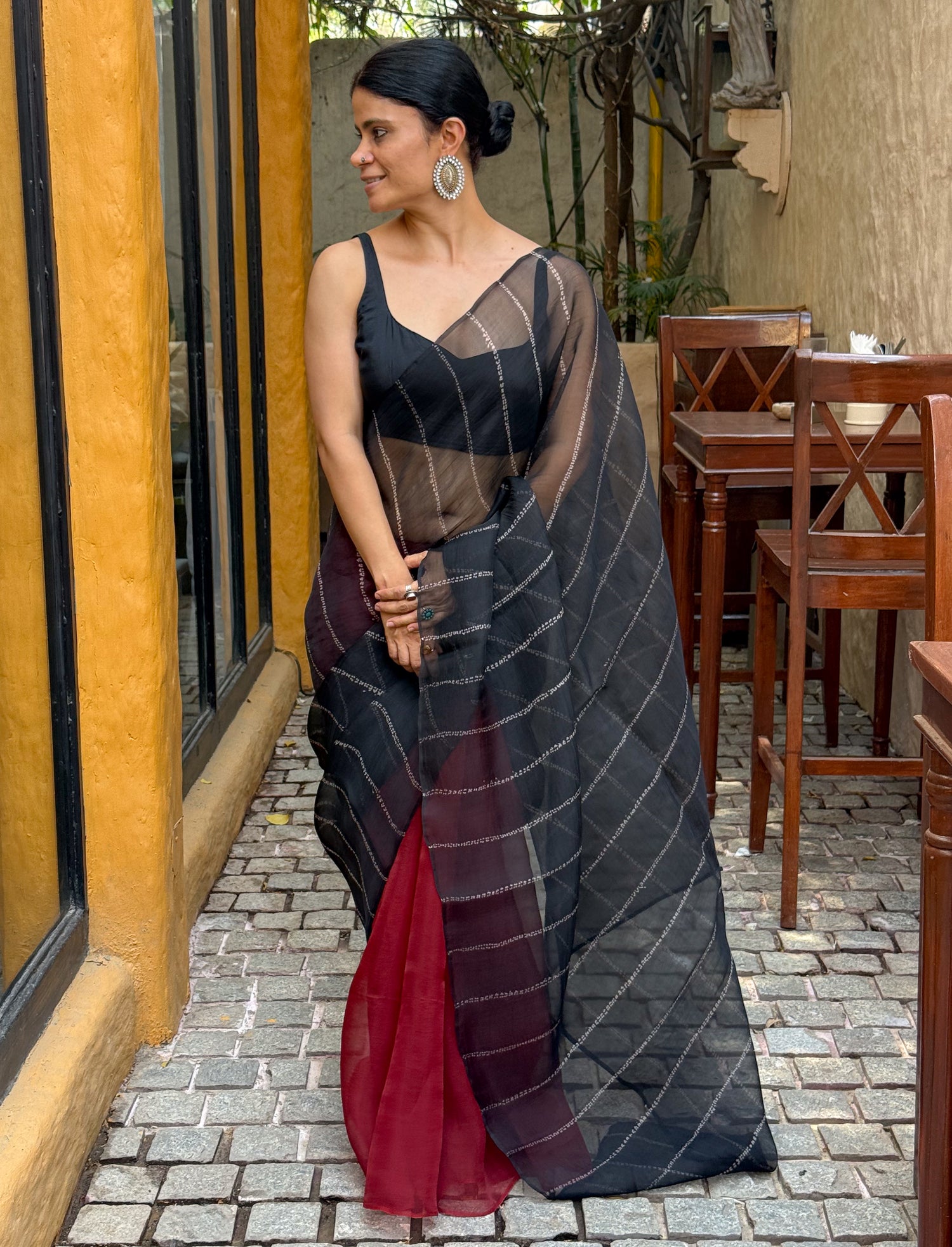 Handloom Organza Silk Saree In Ori Nui Shibori In Natural Dyed
