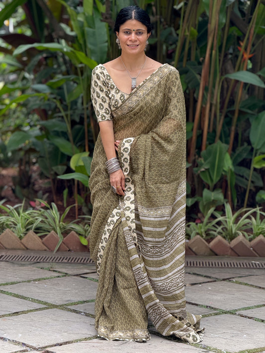 Handmade Natural Dyed Handblock Bagru / Dabu Printed Kota Doria Saree With Dabu Patch Border.