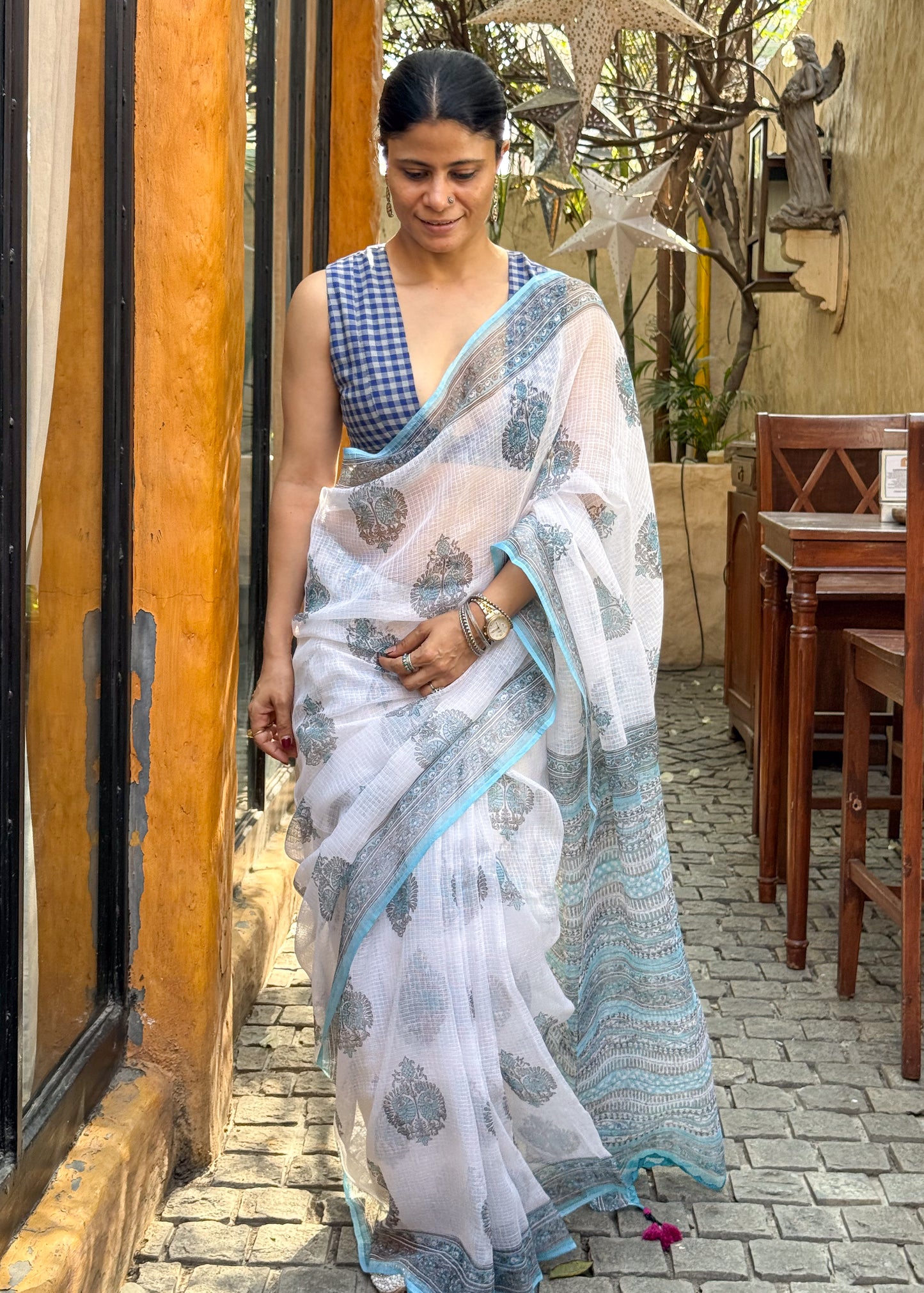 Handblock Printed Kota Dorai Saree With Hand Embroidered Running Stitch.