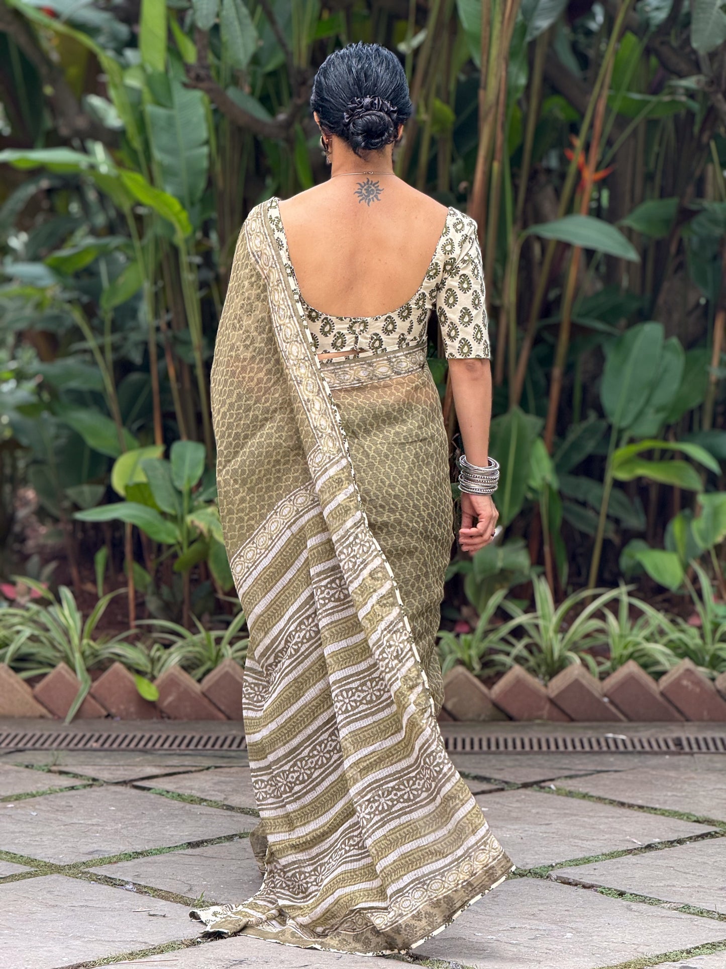 Handmade Natural Dyed Handblock Bagru / Dabu Printed Kota Doria Saree With Dabu Patch Border.