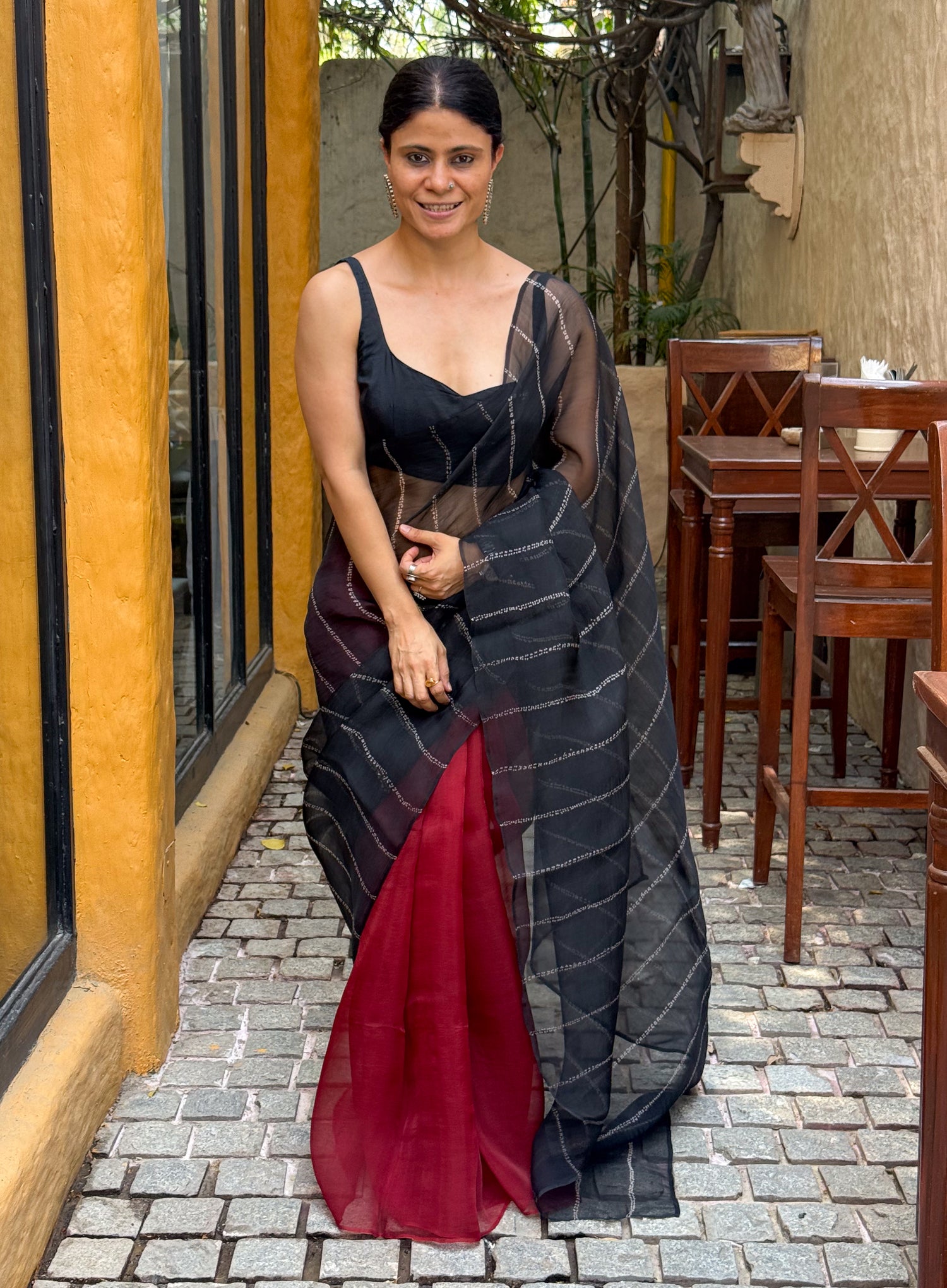 Handloom Organza Silk Saree In Ori Nui Shibori In Natural Dyed