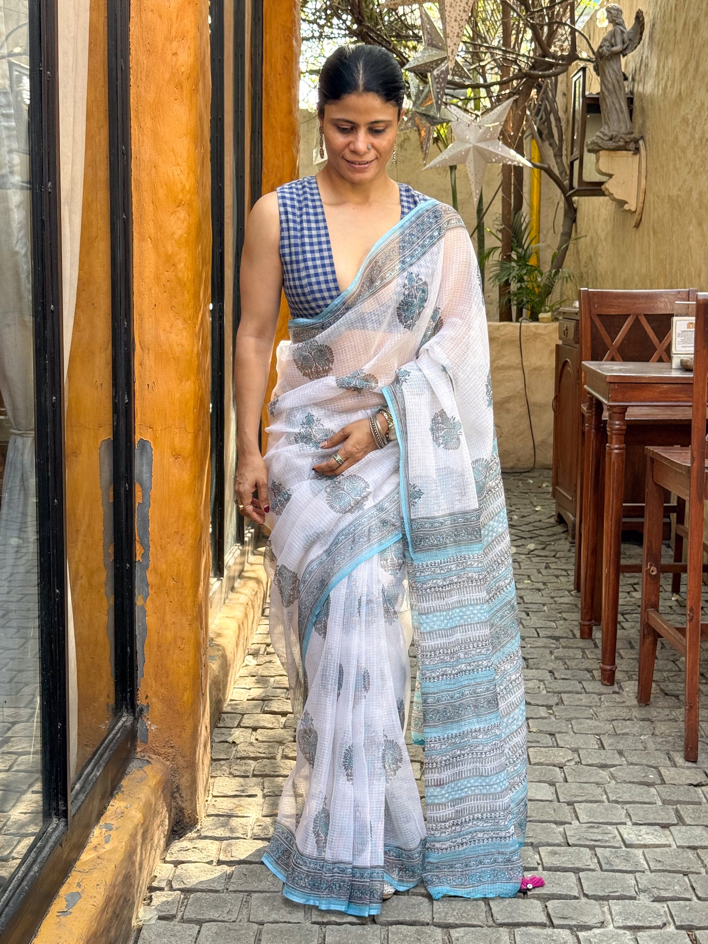Handblock Printed Kota Dorai Saree With Hand Embroidered Running Stitch.