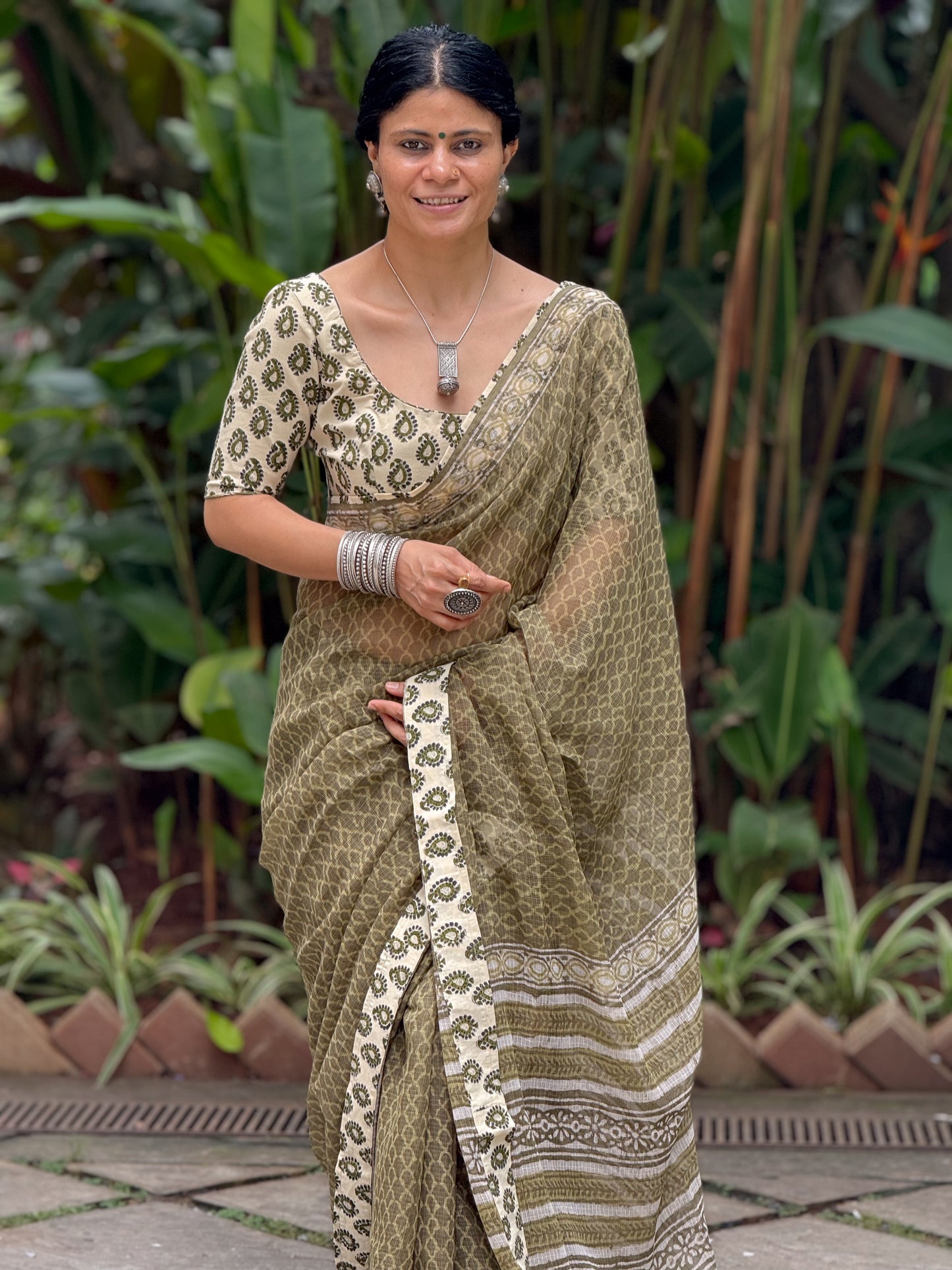 Handmade Natural Dyed Handblock Bagru / Dabu Printed Kota Doria Saree With Dabu Patch Border.