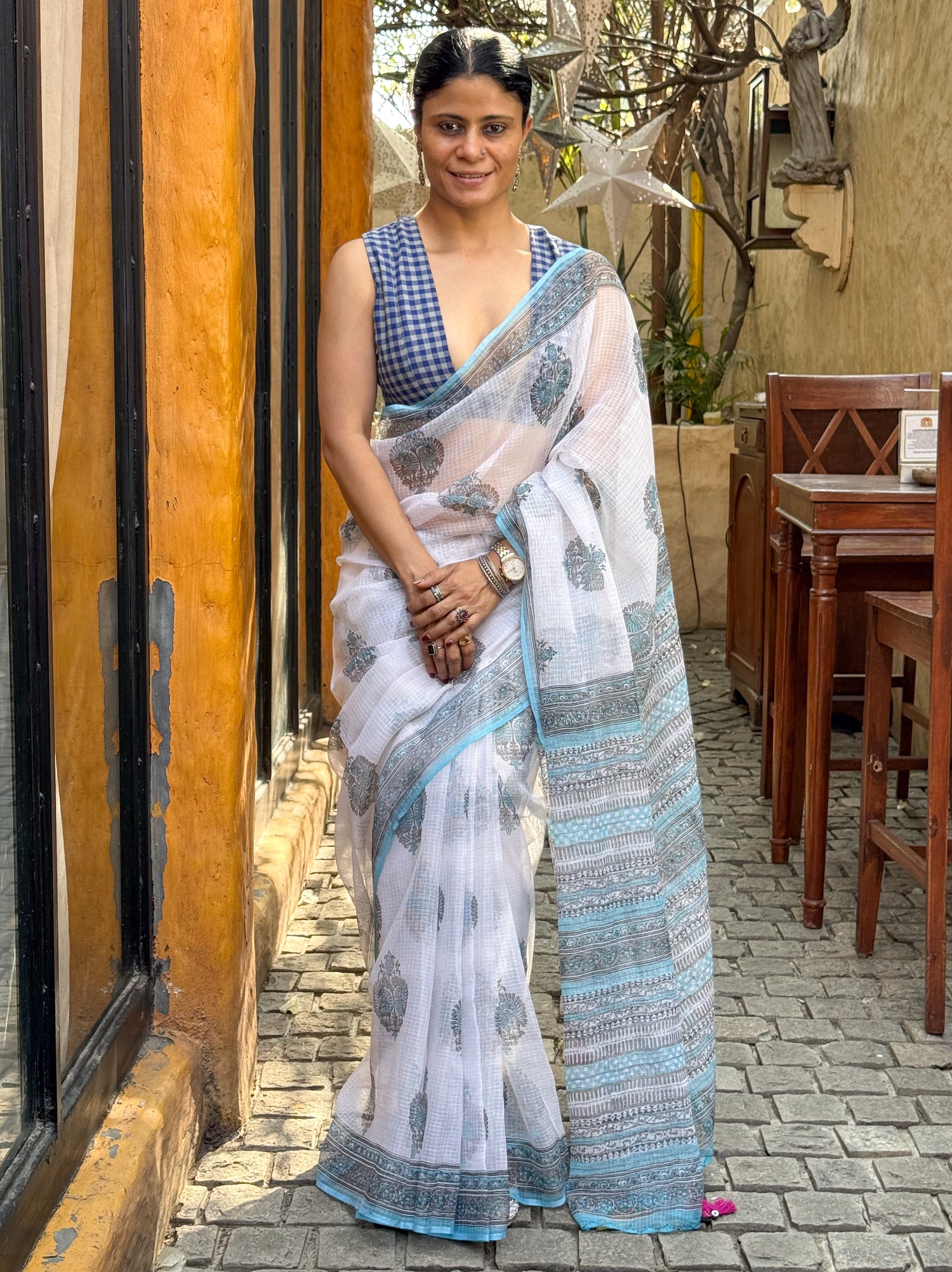 Handblock Printed Kota Dorai Saree With Hand Embroidered Running Stitch.