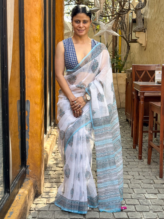 Handblock Printed Kota Dorai Saree With Hand Embroidered Running Stitch.