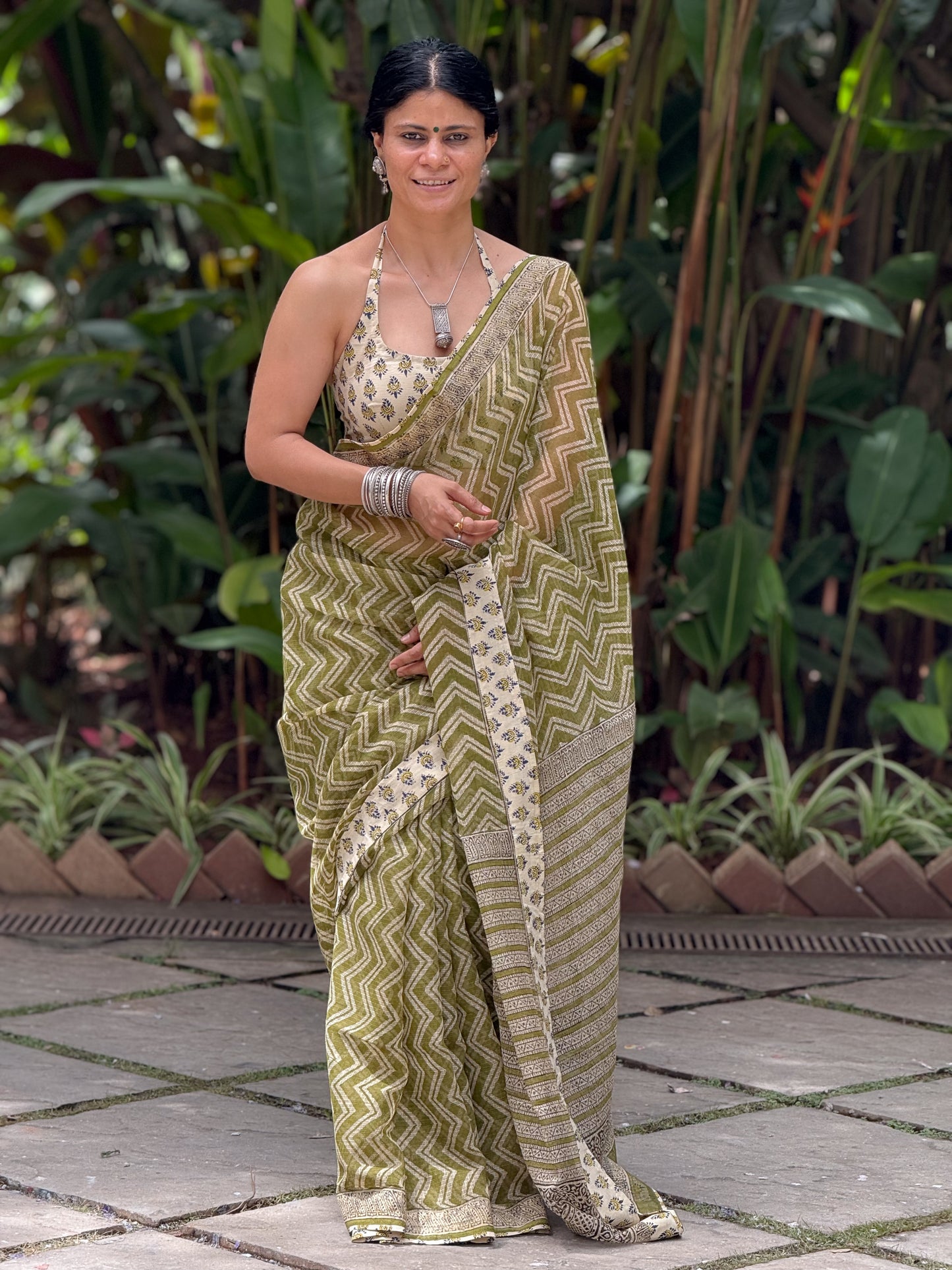 Handmade Natural Dyed Handblock Bagru / Dabu Printed Kota Doria Saree With Dabu Patch Border.
