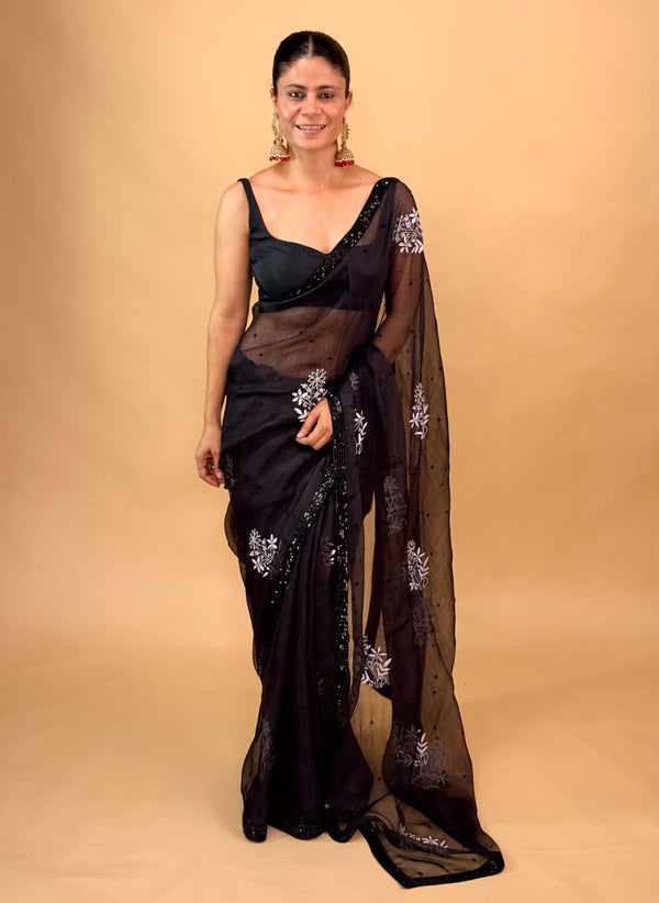 Handloom Organza Silk Saree with Hand-Embroidered Chikankari Finished With Beads Border.