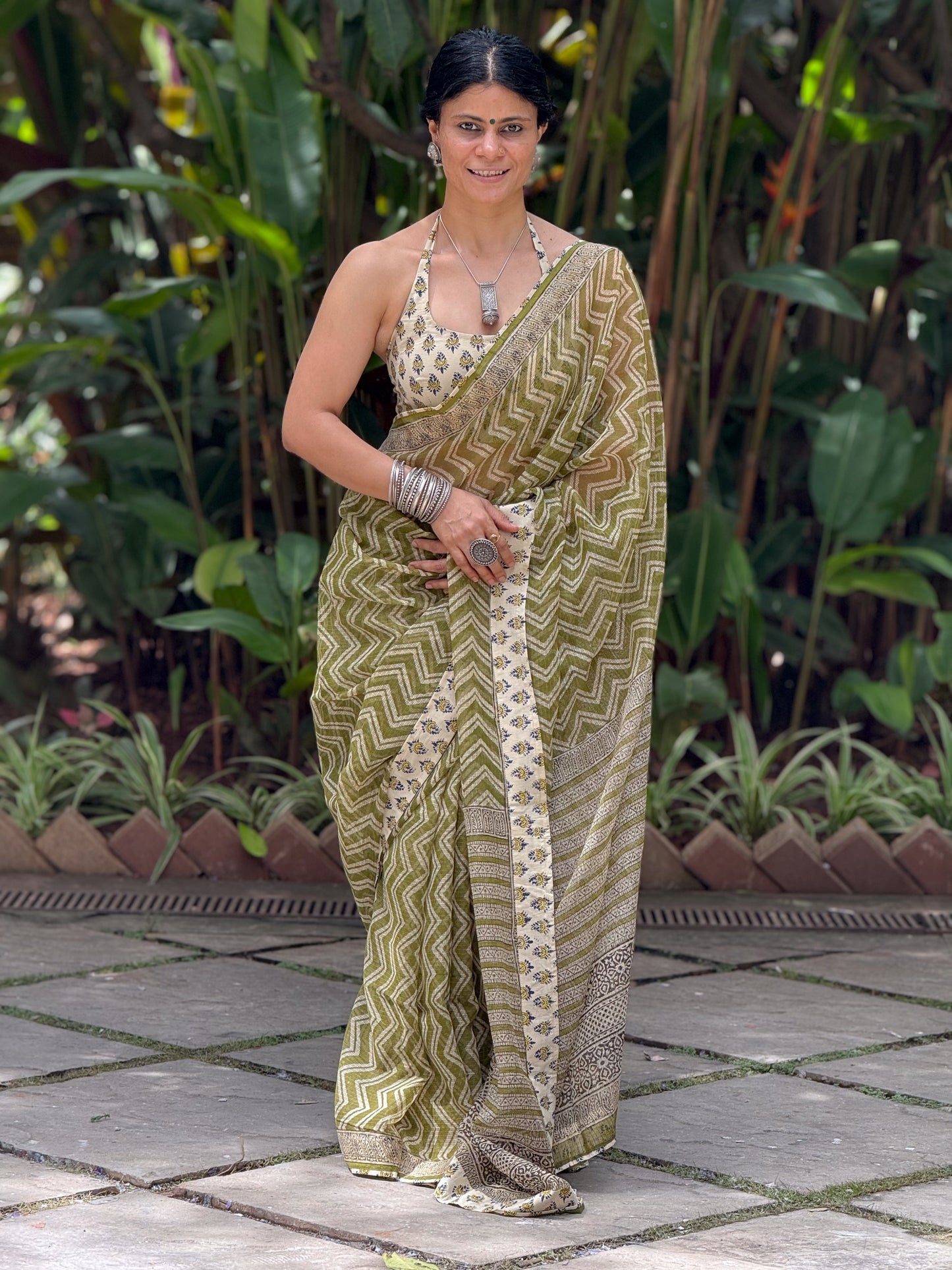 Handmade Natural Dyed Handblock Bagru / Dabu Printed Kota Doria Saree With Dabu Patch Border.